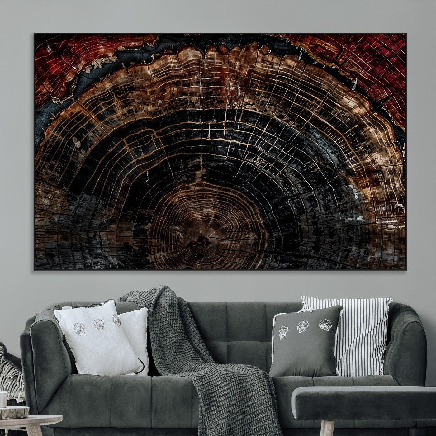 SEG-FC-51X34_Oversize - Dark Wood Ring Wall Art Canvas Print, Framed Abstract Wood Tree Art Picture Print, Rustic Tree Slice Perfect Rustic Decor Artwork