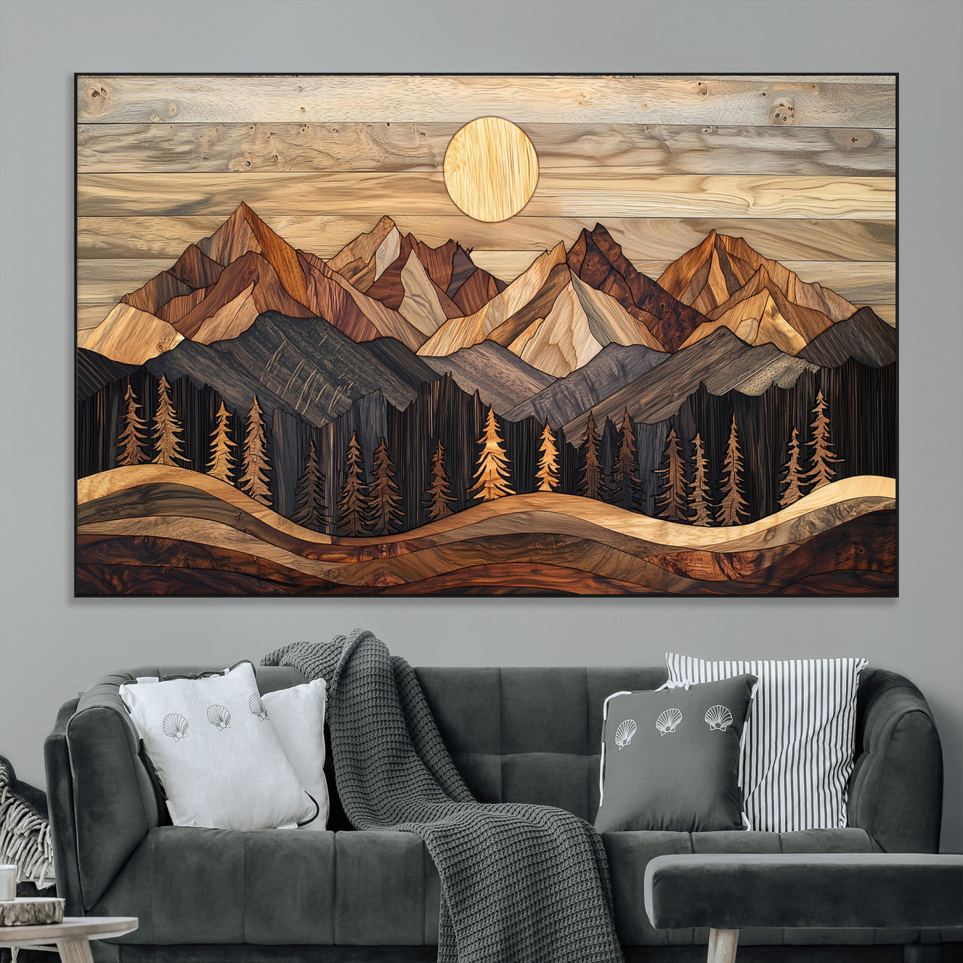 SEG-FC-51X34_Oversize - Wood Mountain Wall Art Canvas Print, Framed Boho Wood Art Picture Print, Abstract Woodland Perfect Farmhouse Decor Artwork
