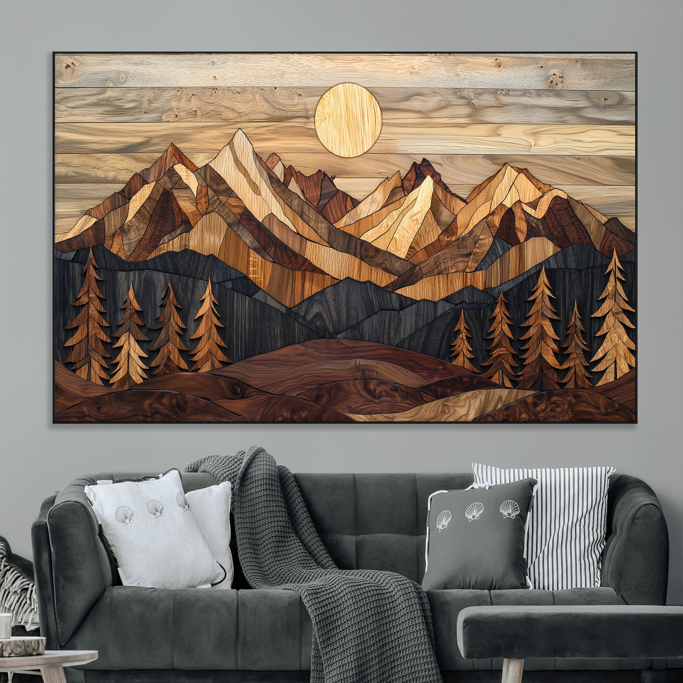 SEG-FC-51X34_Oversize - Wood Mountain Landscape Wall Art Canvas Print, Framed Sunset Hills Art Picture Print, Abstract Nature Perfect Boho Decor Artwork