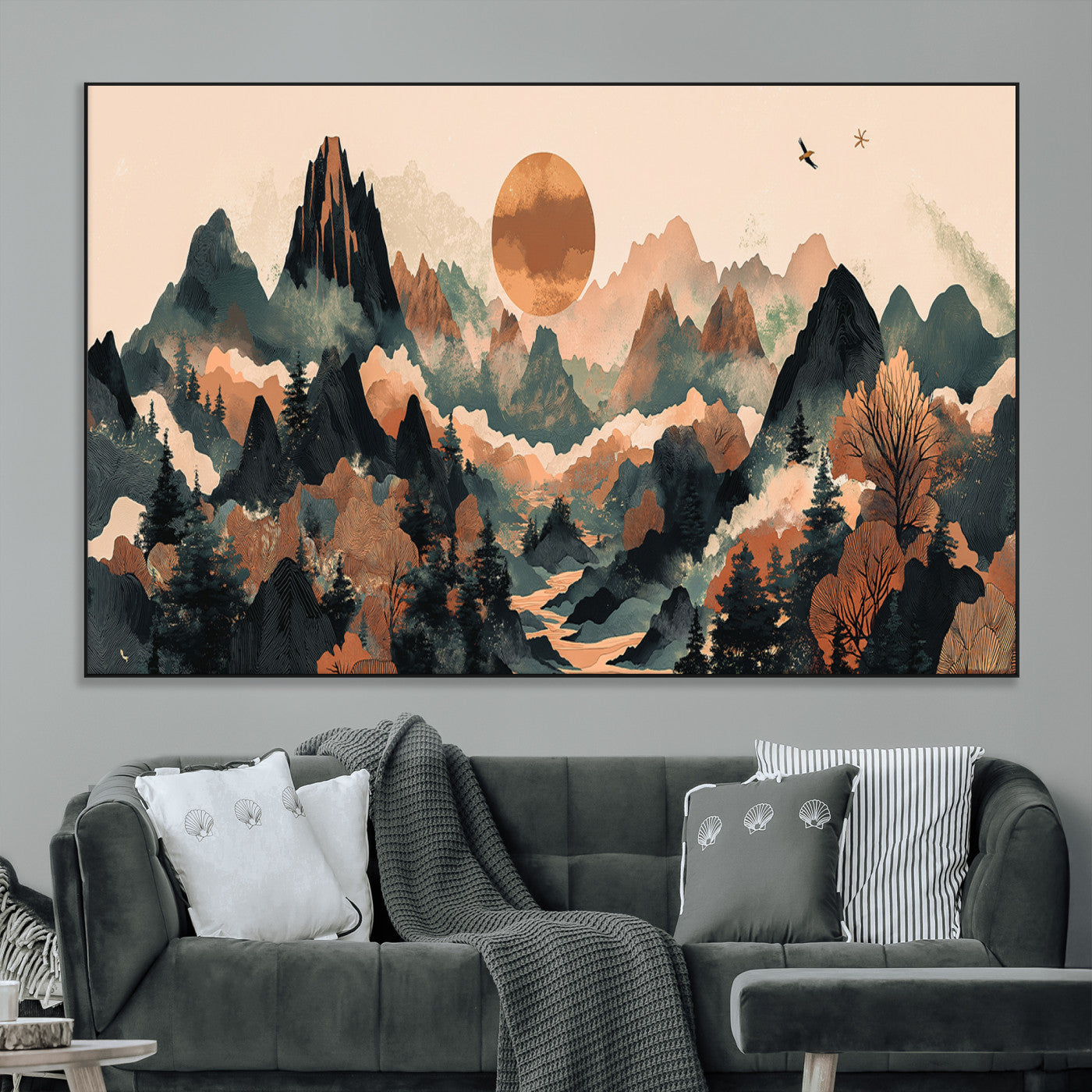 SEG-FC-51X34_Oversize - Wood Mountain Landscape Wall Art Canvas Print, Framed Sunset Hills Art Picture Print, Abstract Nature Perfect Boho Decor Artwork