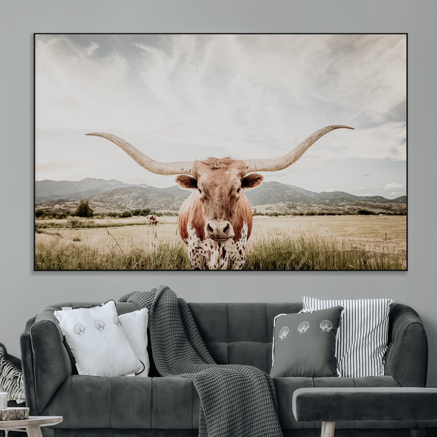 SEG-FC-51X34_Oversize - Texas Longhorn Wall Art Canvas Print, Framed Western Cow Art Picture Print, Rustic Farmhouse Perfect Farmhouse Decor Artwork