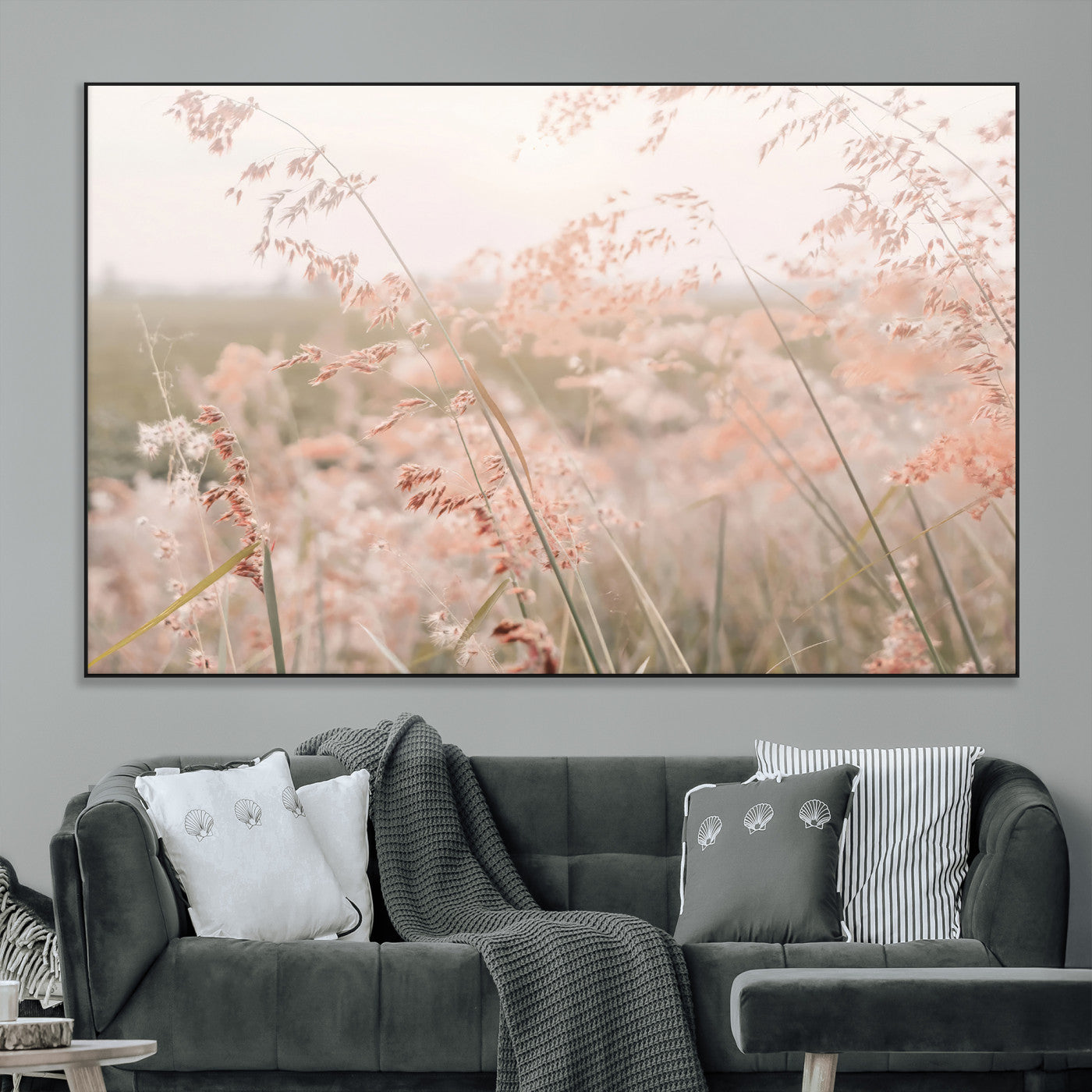 SEG-FC-51X34_Oversize - Pastel Grasses Wall Art Canvas Print, Framed Soft Meadow Art Picture Print, Field in Breeze Perfect Soft Pastel Minimal Decor Artwork