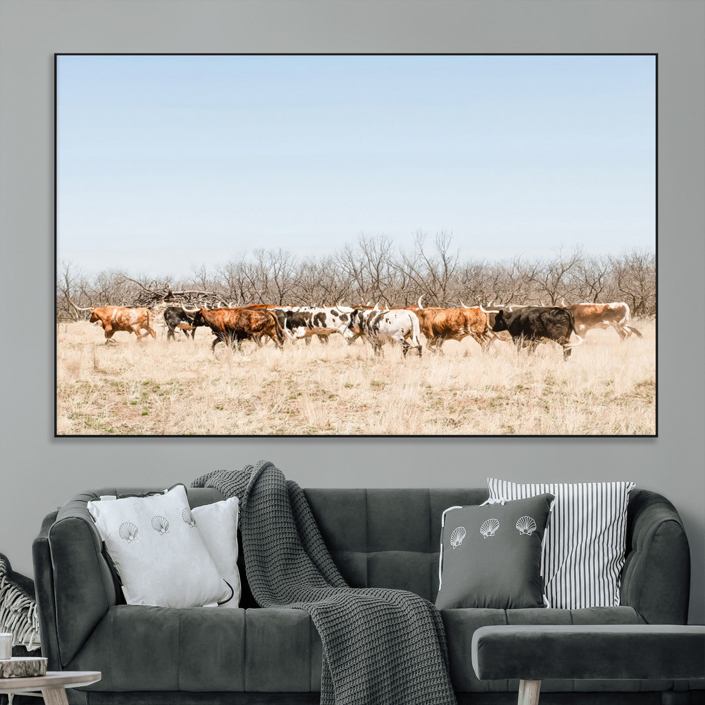 SEG-FC-51X34_Oversize - Texas Longhorns Wall Art Canvas Print, Framed Western Cattles Art Picture Print, Rustic Herd Perfect Rustic Farmhouse Decor Artwork