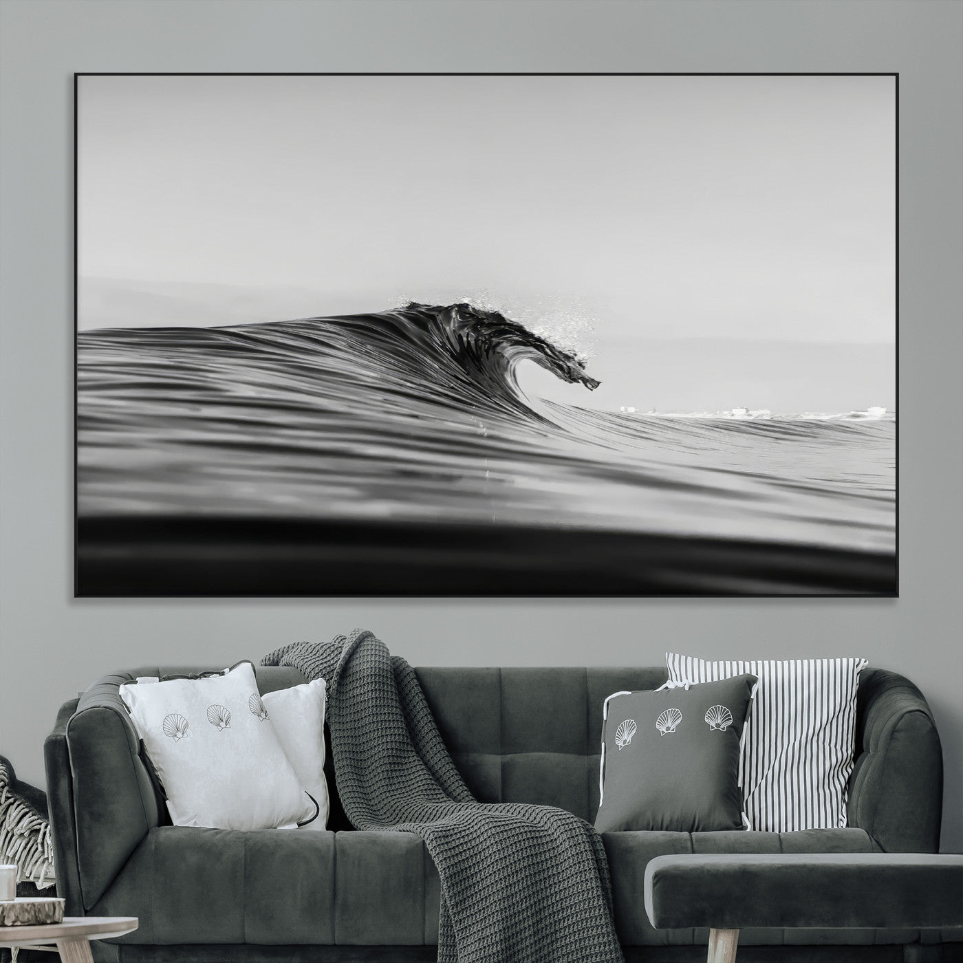 SEG-FC-51X34_Oversize - Black Wave Wall Art Canvas Print, Framed Abstract Surf Art Picture Print, Minimalist Ocean Perfect Minimalist Coastal Decor Artwork