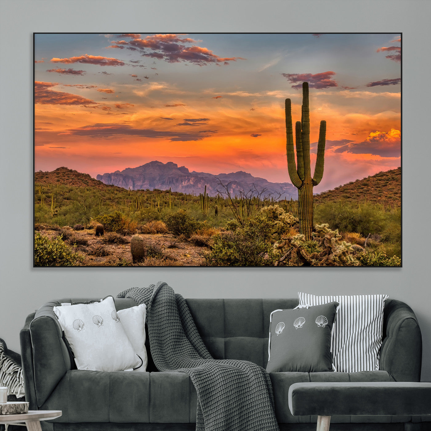 SEG-FC-51X34_Oversize - Saguaro Cactus Wall Art Canvas Print, Framed Arizona Sunset Art Picture Print, Sonoran Desert Perfect Southwestern Boho Decor Artwork
