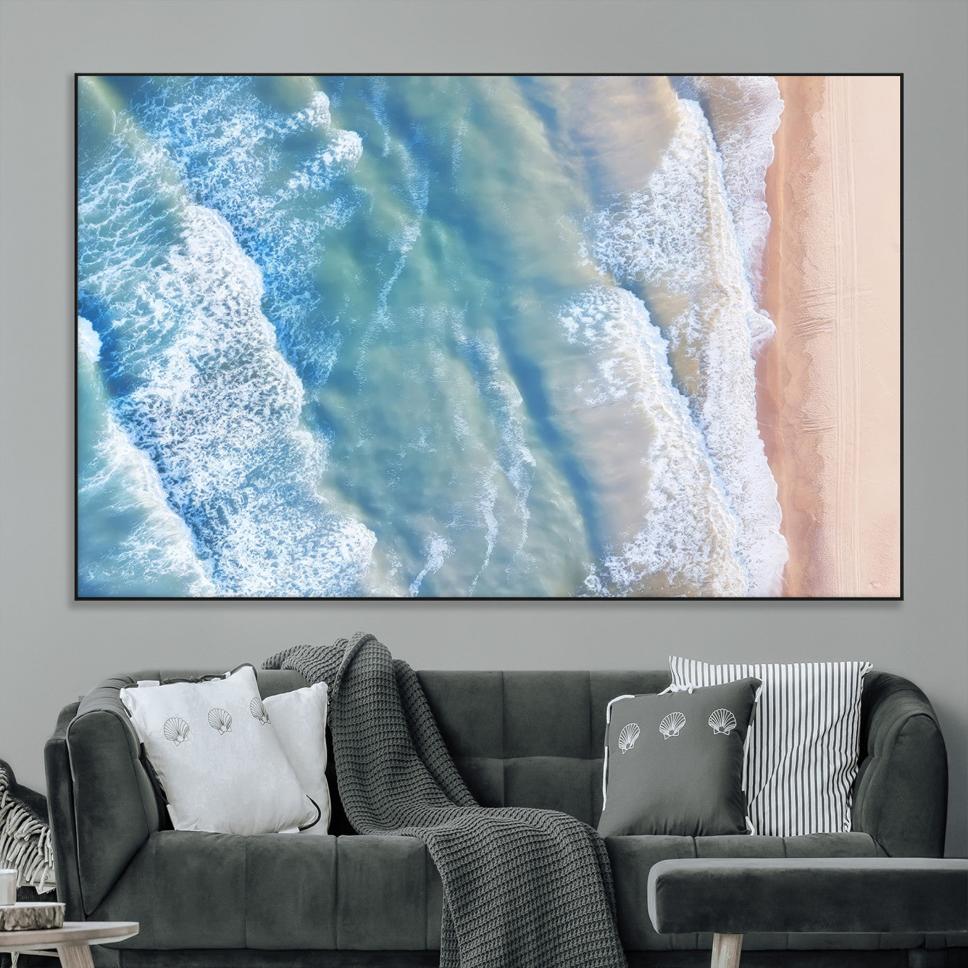 SEG-FC-51X34_Oversize - Aerial Ocean View Wall Art Canvas Print, Framed Soft Blue Waves Art Picture Print, Sandy Shoreline Perfect Modern Coastal Decor Artwork