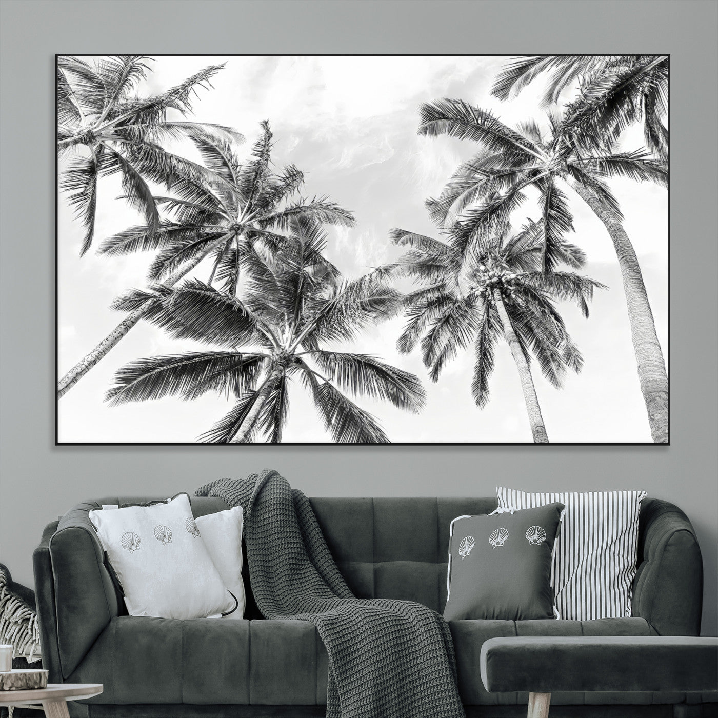 SEG-FC-51X34_Oversize - Black White Palm Wall Art Canvas Print, Framed Monochrome Tropics Art Picture Print, Minimalist Beach Perfect Coastal Minimalist Decor Artwork