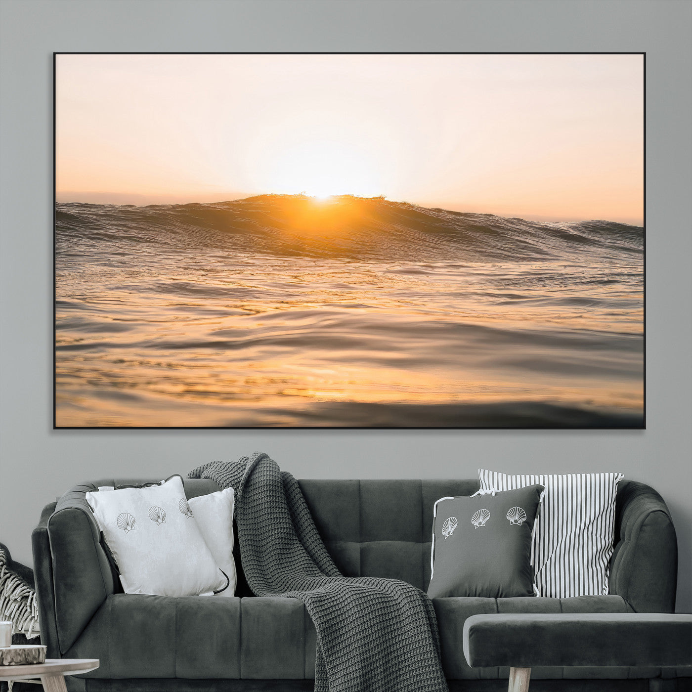 SEG-FC-51X34_Oversize - Calm Water Wall Art Canvas Print, Framed Sunset Waves Art Picture Print, Coastal Warmth Perfect Warm Minimalist Decor Artwork