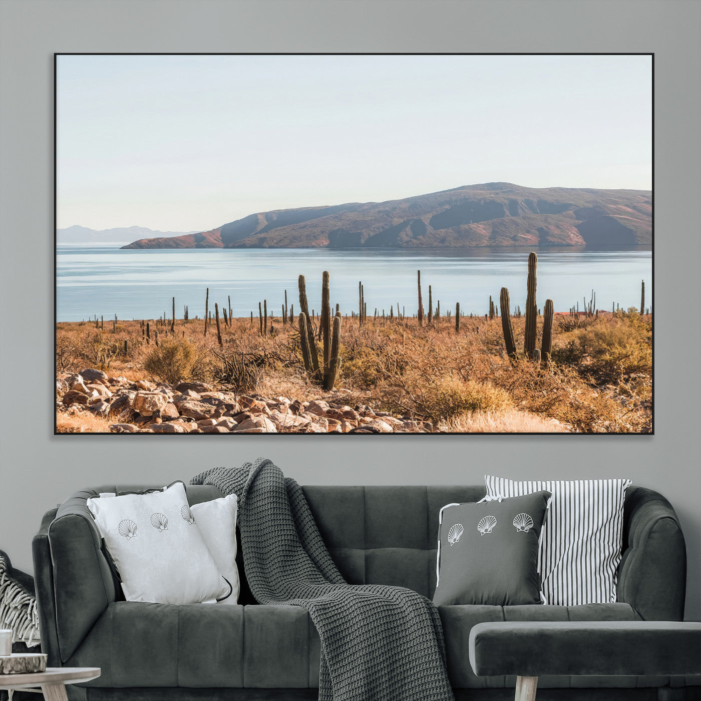 SEG-FC-51X34_Oversize - Desert Cactus Wall Art Canvas Print, Framed Baja Coastline Art Picture Print, Coastal Desert Perfect Southwestern Minimalist Decor Artwork