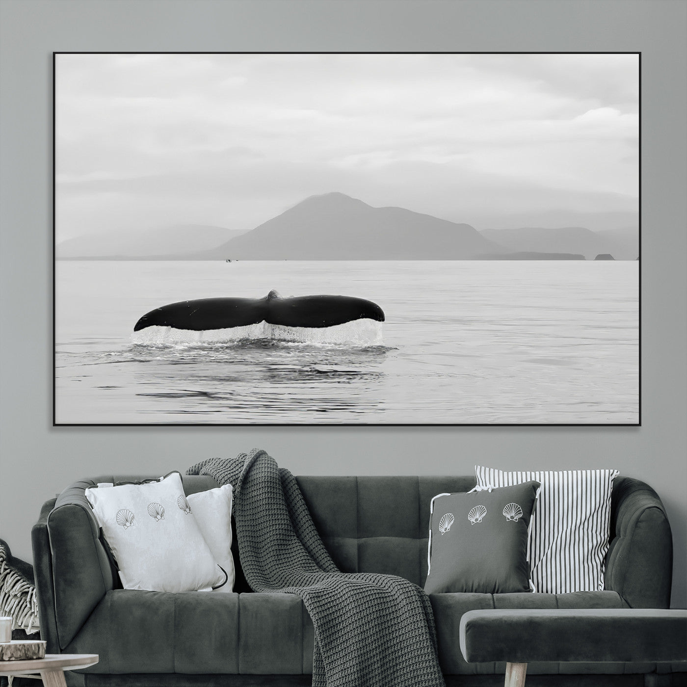 SEG-FC-51X34_Oversize - Whale Tail Wall Art Canvas Print, Framed Black White Ocean Art Picture Print, Calm Marine Perfect Minimalist Coastal Decor Artwork