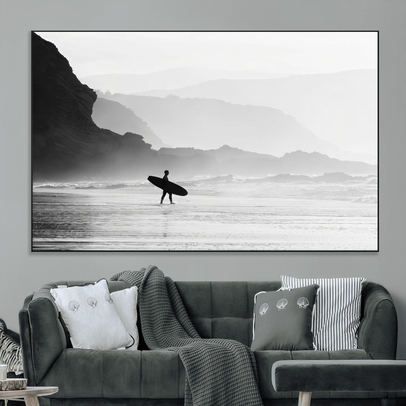 SEG-FC-51X34_Oversize - Surfer In Fog Wall Art Canvas Print, Framed Moody Shoreline Art Picture Print, Cliffside Waves Perfect Minimalist Coastal Decor Artwork
