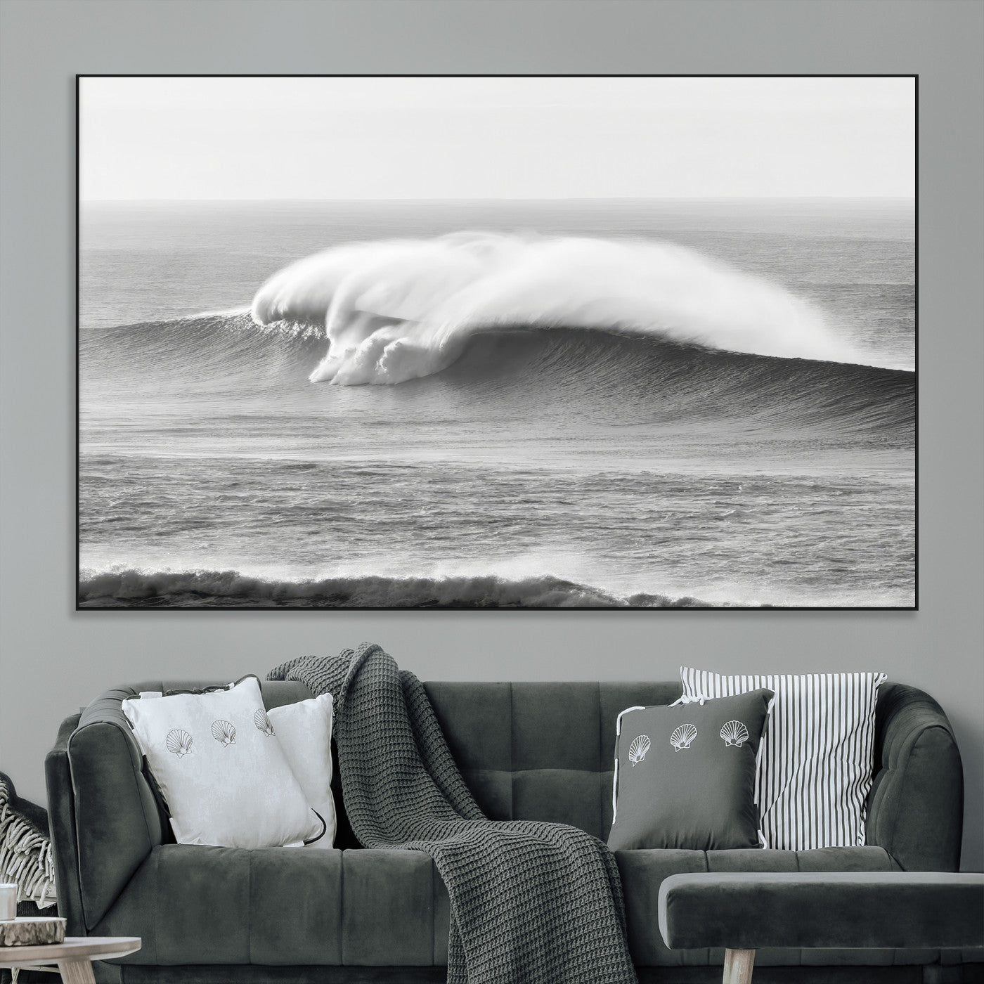 SEG-FC-51X34_Oversize - Monochrome Seascape Wall Art Canvas Print, Framed Surf Wave Art Picture Print, Minimalist Ocean Perfect Moody Coastal Decor Artwork