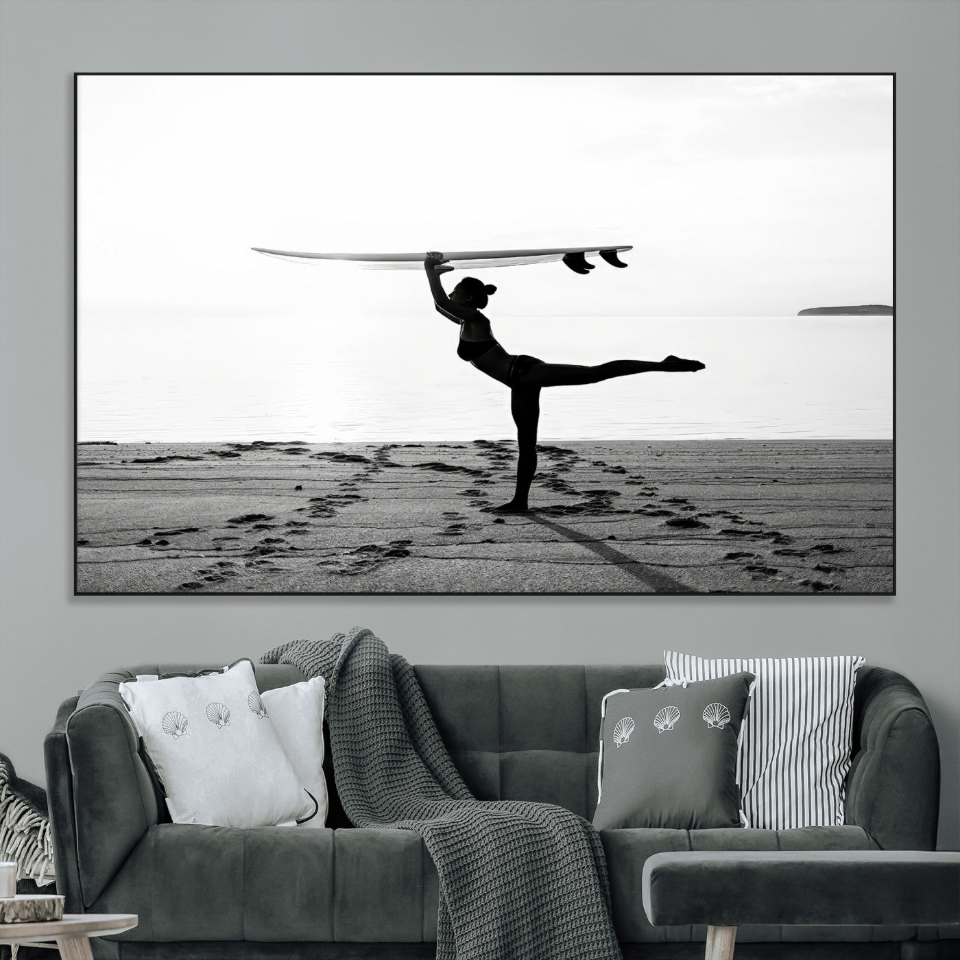 SEG-FC-51X34_Oversize - Yoga Surf Wall Art Canvas Print, Framed Black White Shore Art Picture Print, Peaceful Ocean Perfect Minimalist Coastal Decor Artwork
