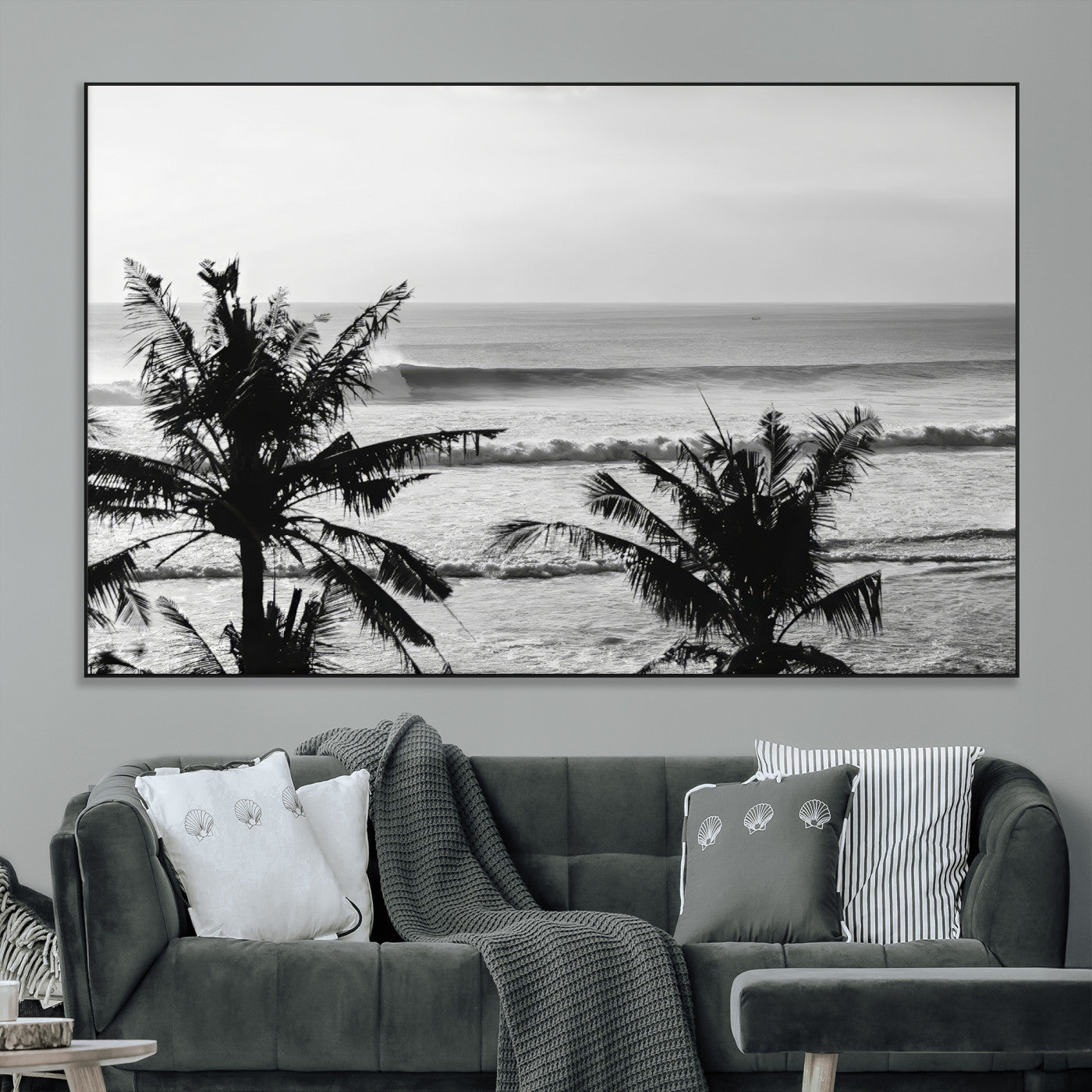 SEG-FC-51X34_Oversize - Tropical Coastline Wall Art Canvas Print, Framed Palm Trees Art Picture Print, Ocean Waves Perfect Minimalist Coastal Decor Artwork