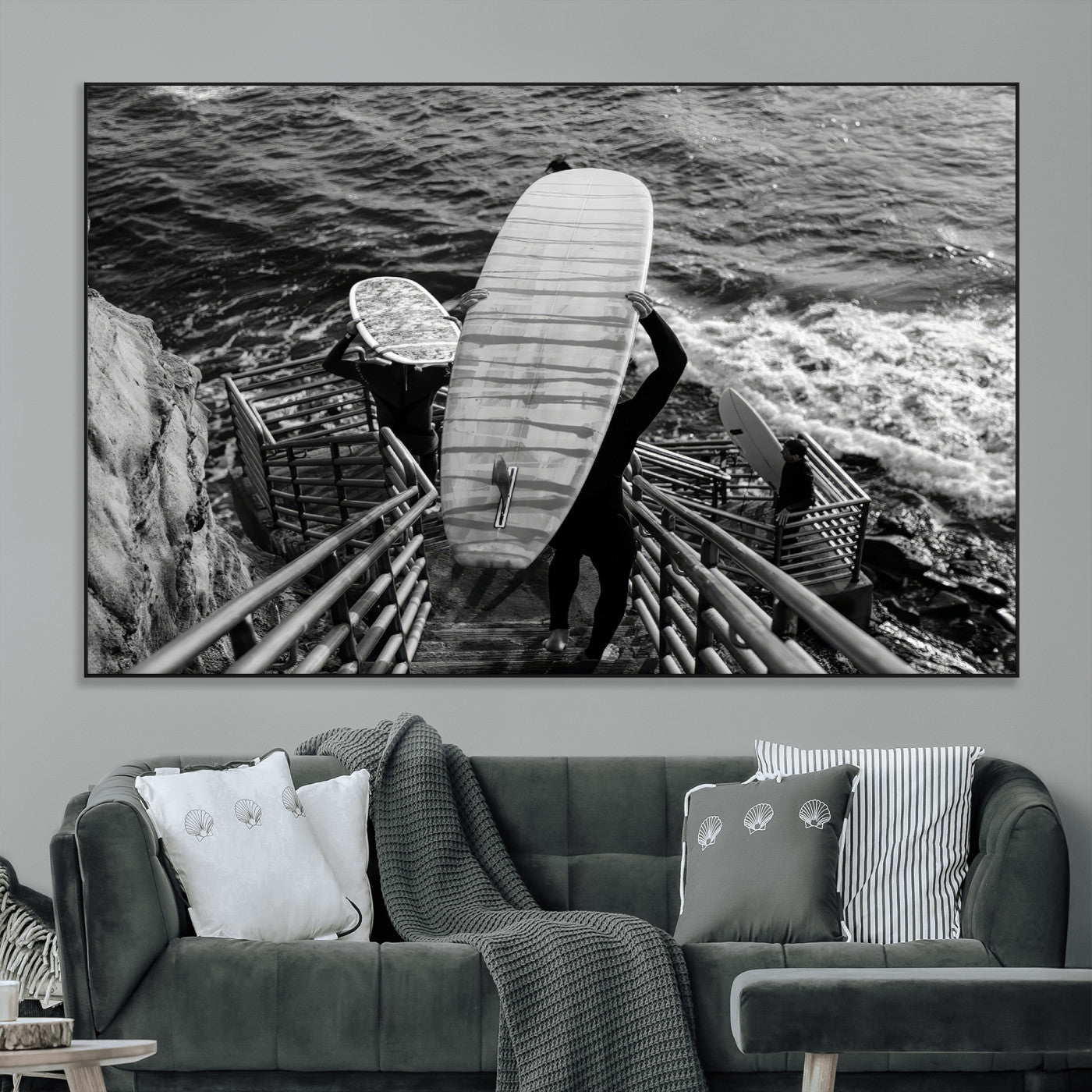 SEG-FC-51X34_Oversize - Black White Surfing Wall Art Canvas Print, Framed Coastal Surfing Art Picture Print, Wave Riders Perfect Coastal Adventure Decor Artwork