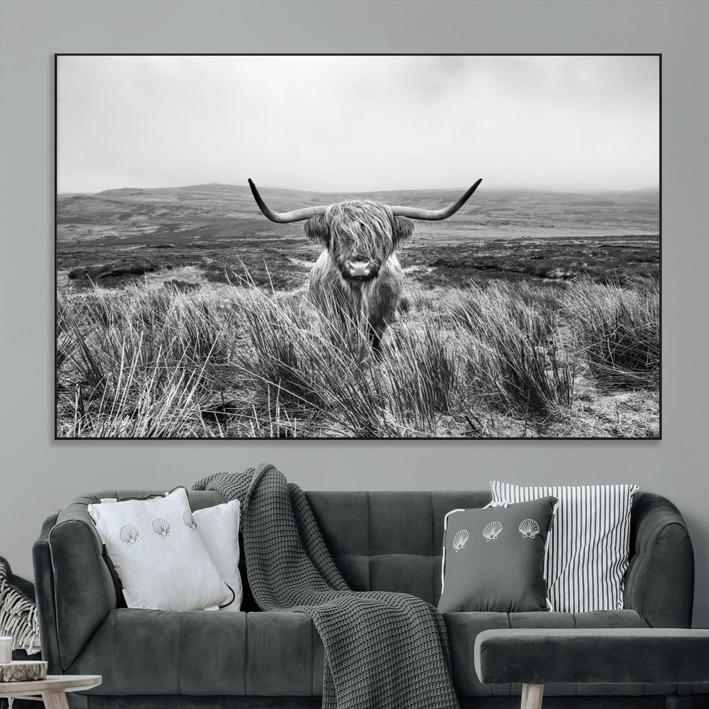 SEG-FC-51X34_Oversize - Monochrome Highland Cow Wall Art Canvas Print, Framed Scottish Bull Art Picture Print, Lone Cattle Perfect Rustic Farmhouse Decor Artwork