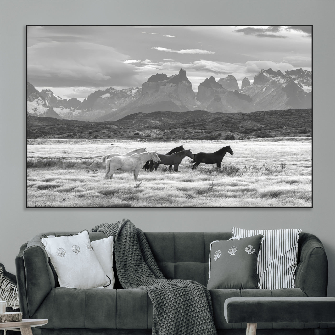 SEG-FC-51X34_Oversize - Wild Horses Wall Art Canvas Print, Framed Black White Mountains Art Picture Print, Rustic Countryside Perfect Rustic Western Decor Artwork