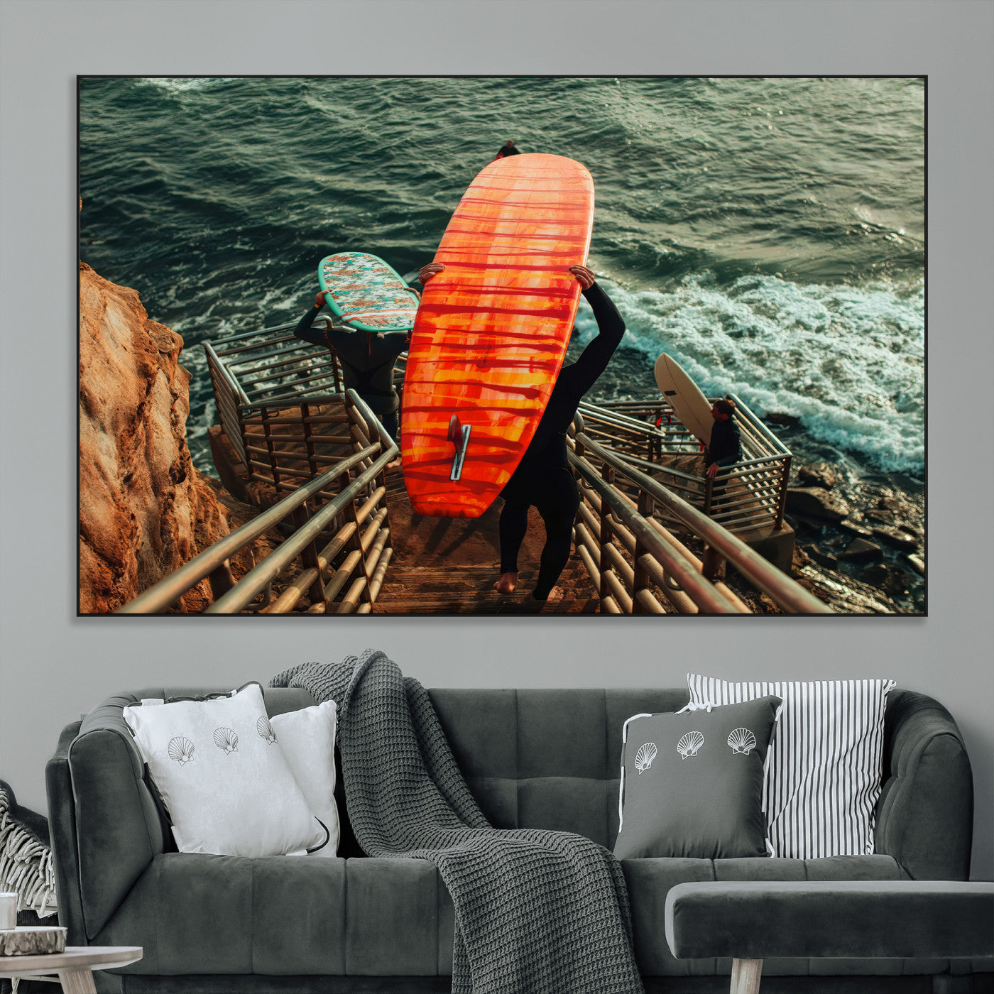 SEG-FC-51X34_Oversize - Surfer Stairway Wall Art Canvas Print, Framed Ocean Surf Art Picture Print, Sunset Coastal Perfect Coastal Adventure Decor Artwork