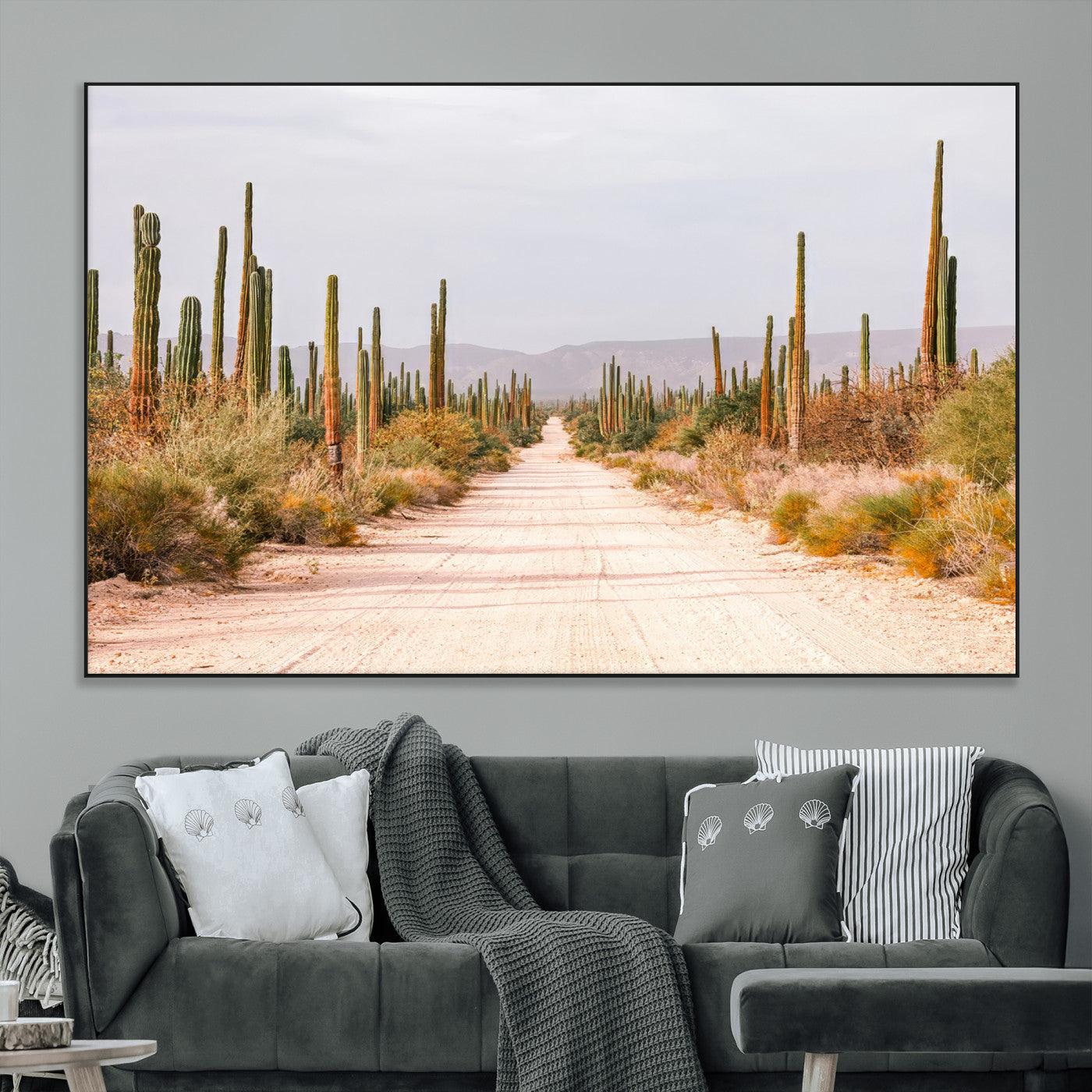 SEG-FC-51X34_Oversize - Desert Cactus Lined Road Wall Art Canvas Print, Framed Southwestern Landscape Art Picture Print, Bohemian Western Aesthetic Perfect Southwestern Boho Decor Artwork