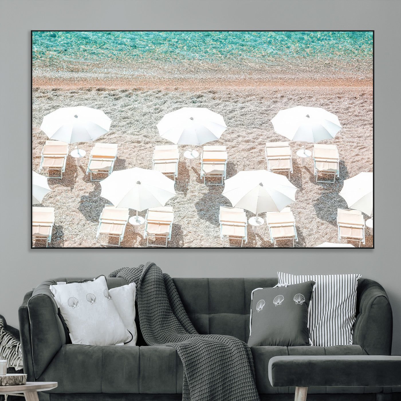 SEG-FC-51X34_Oversize - Calm Beach Wall Art Canvas Print, Framed Turquoise Water Art Picture Print, Umbrella Shoreline Perfect Coastal Minimalist Decor Artwork