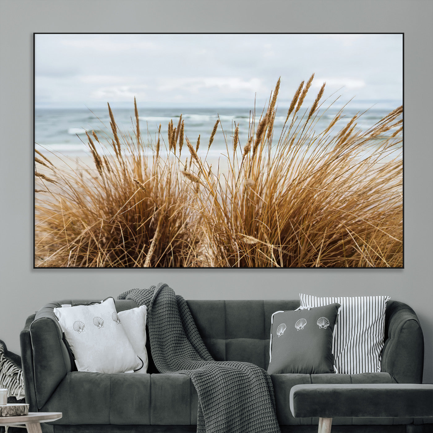 SEG-FC-51X34_Oversize - Beach Grass Wall Art Canvas Print, Framed Coastal Dunes Art Picture Print, Dune Grass Perfect Coastal Minimalist Decor Artwork