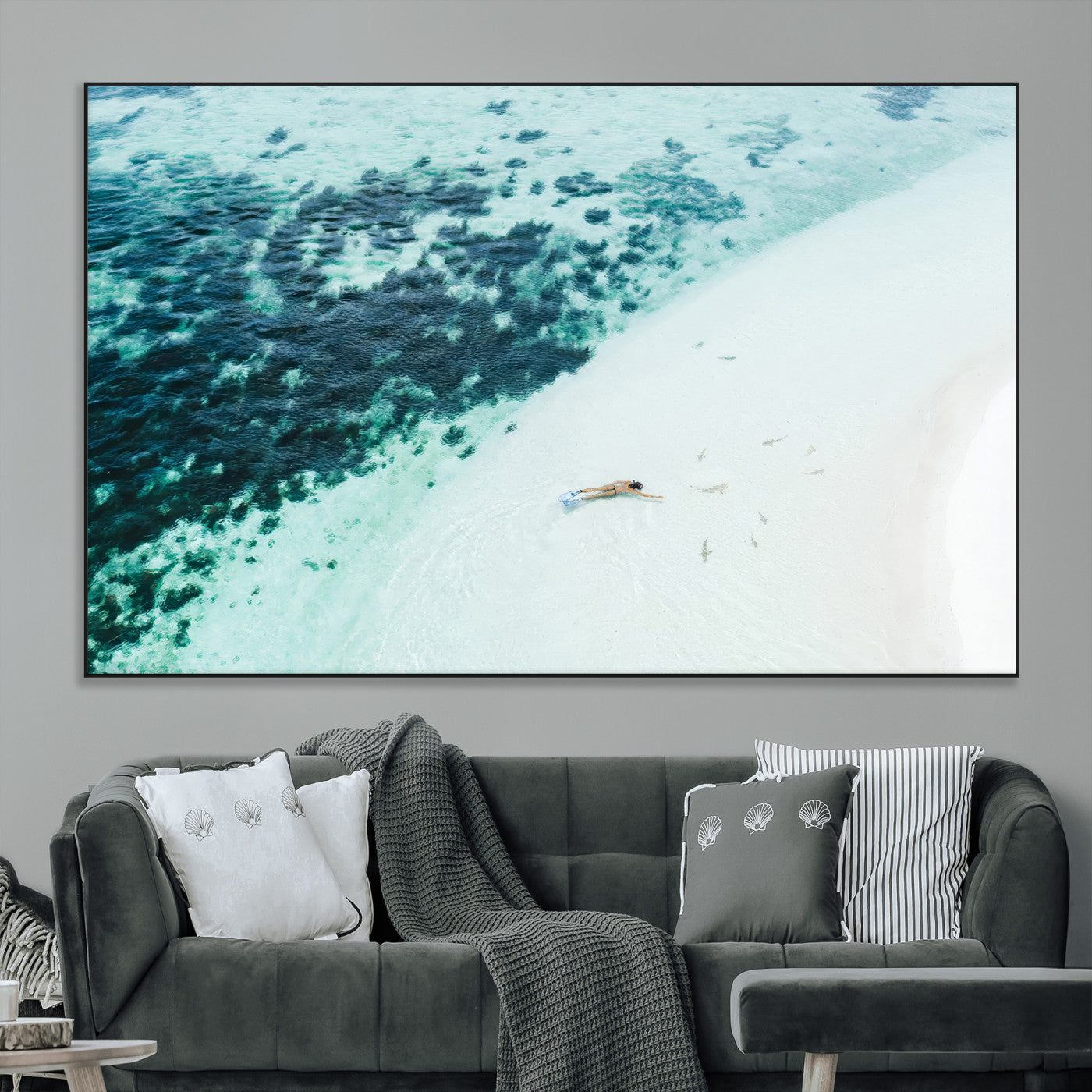 SEG-FC-51X34_Oversize - Minimal Beach Wall Art Canvas Print, Framed Ocean Swimming Art Picture Print, Clear Ocean Perfect Minimal Coastal Decor Artwork