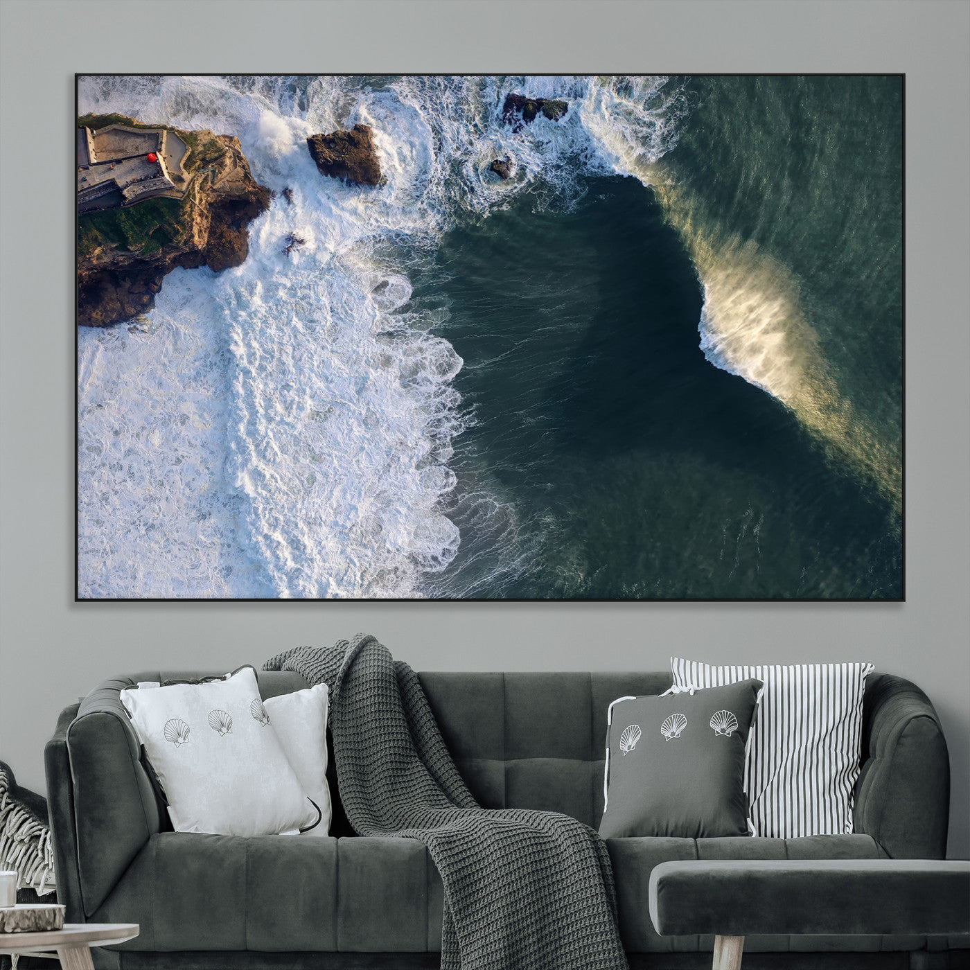 SEG-FC-51X34_Oversize - Nazaré Coast Wall Art Canvas Print, Framed Aerial Ocean Art Picture Print, Coastal Fortress Perfect Dramatic Coastal Decor Artwork