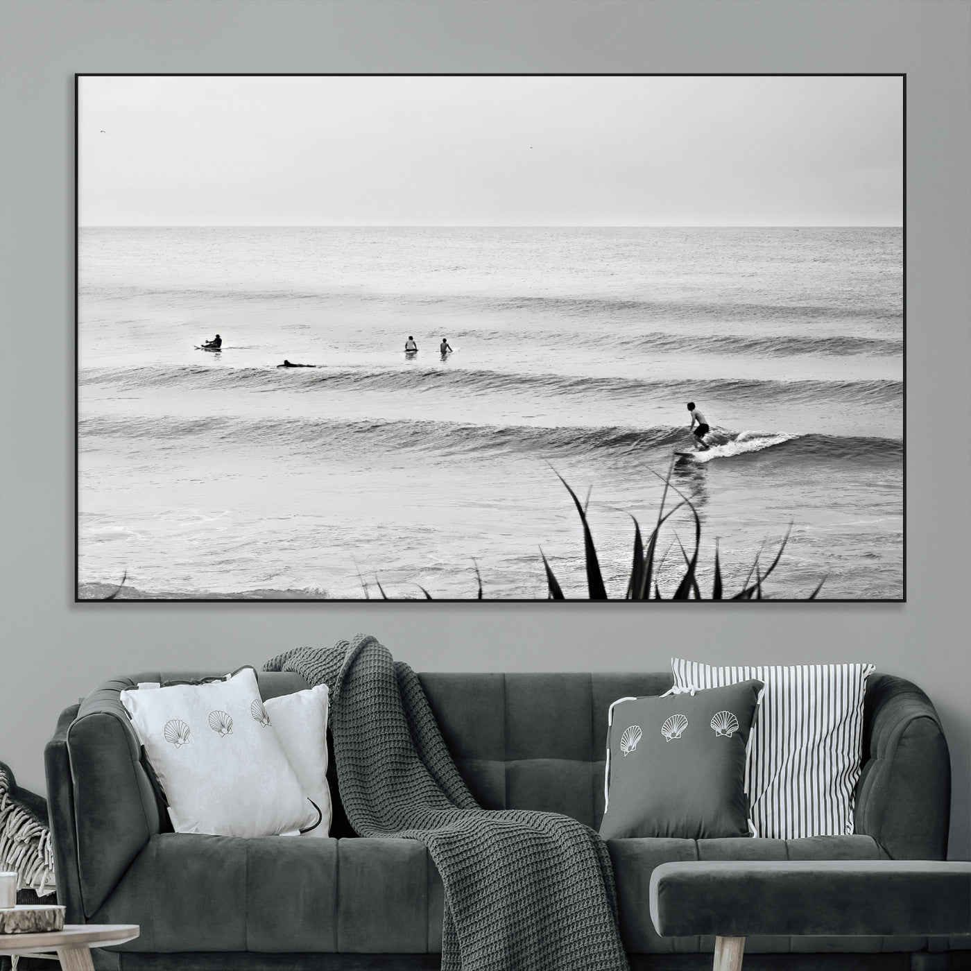 SEG-FC-51X34_Oversize - Surfer Silhouette Wall Art Canvas Print, Framed Calm Ocean Art Picture Print, Monochrome Surf Perfect Minimalist Coastal Decor Artwork