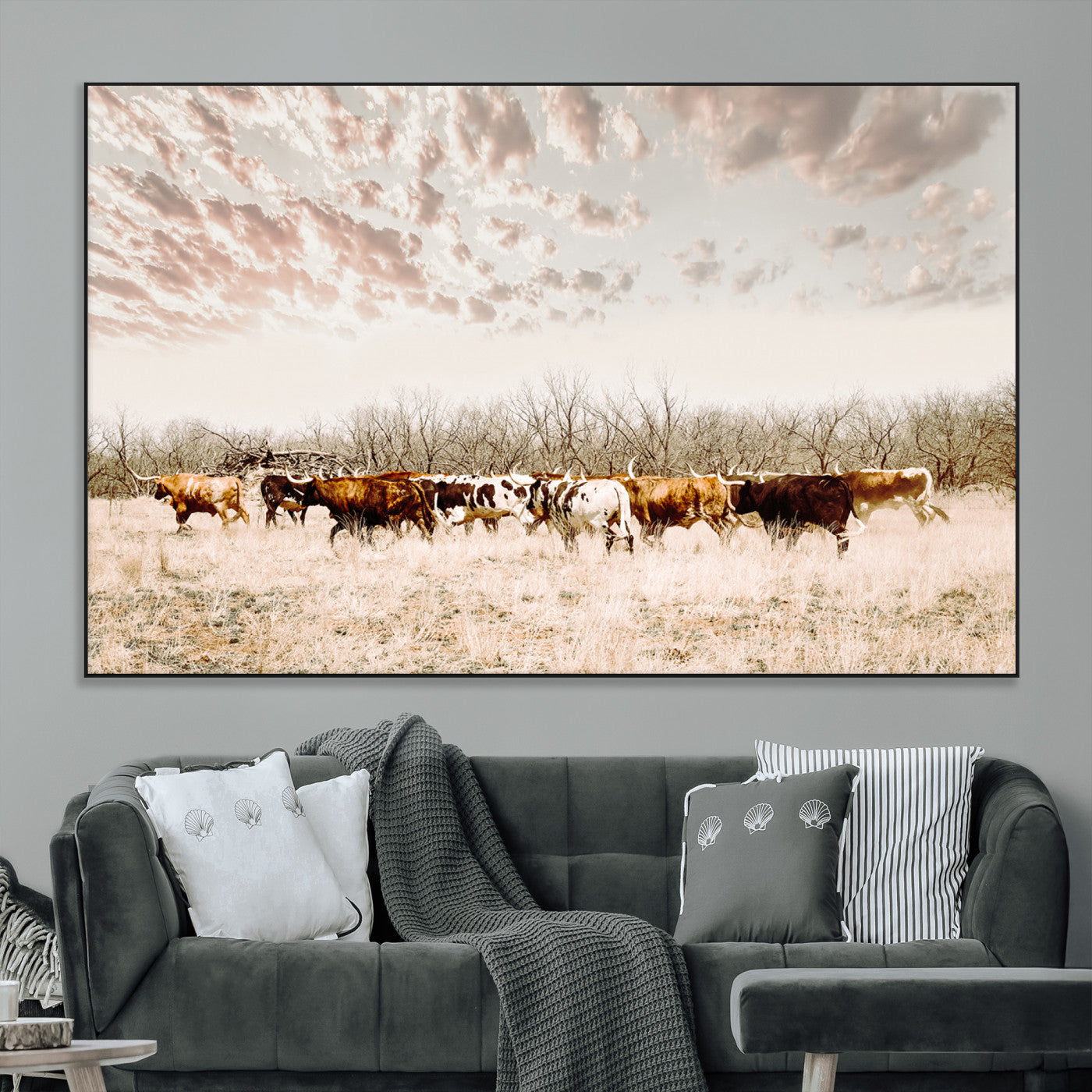 64892775-MGV-CV-36X24-Longhorn Cattle Wall Art Canvas Print, Framed Texas Ranch Art Picture Print, Western Cow Perfect