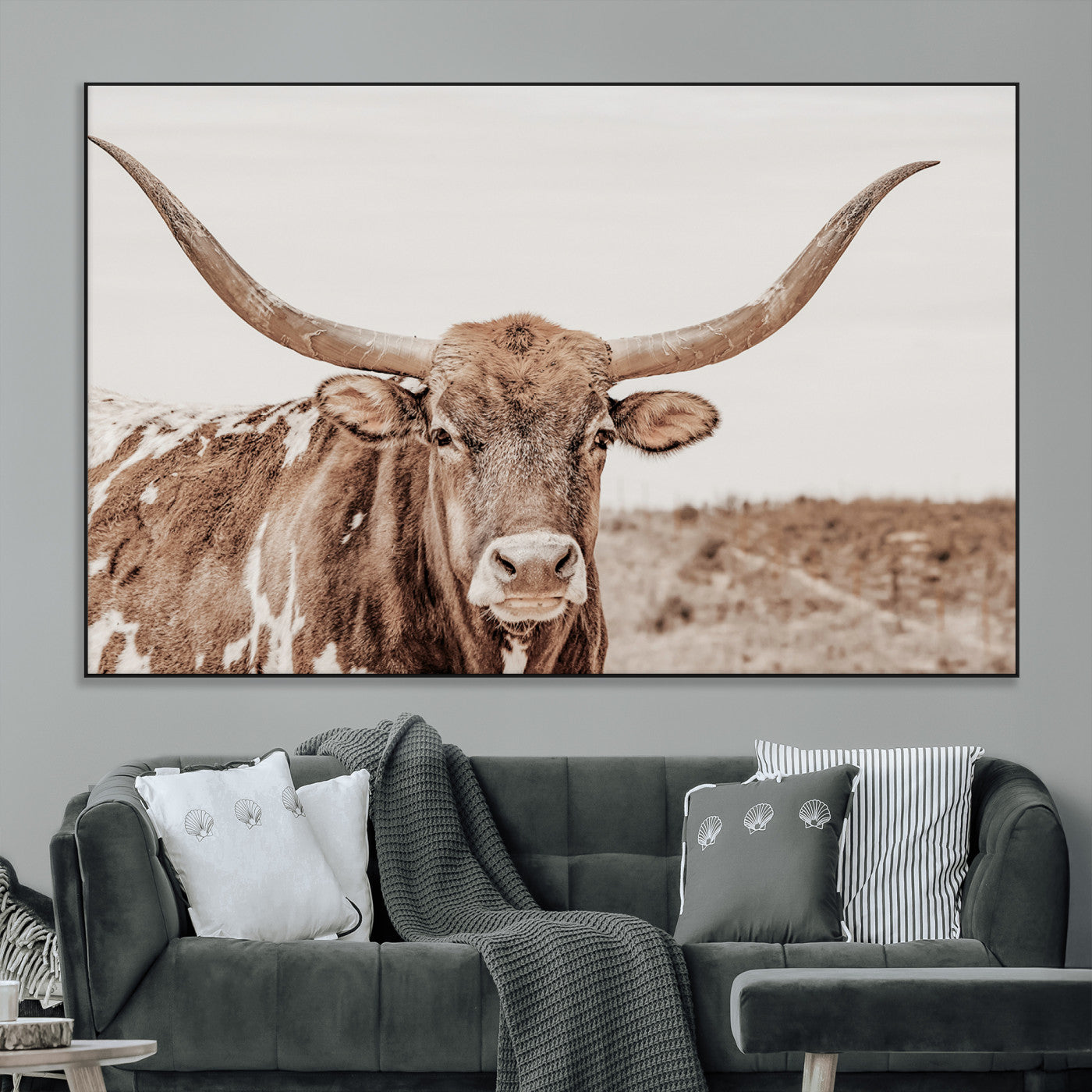SEG-FC-51X34_Oversize - Longhorn Cow Wall Art Canvas Print, Framed Texas Ranch Art Picture Print, Western Bull Perfect County Decor Artwork