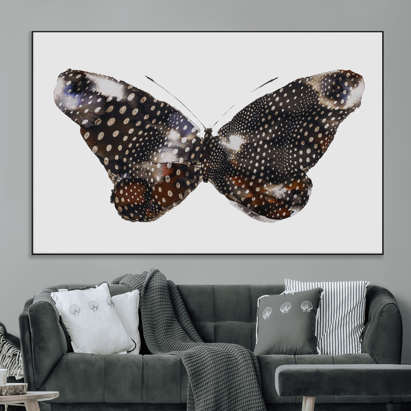 SEG-FC-51X34_Oversize - Spotted Butterfly Wall Art Canvas Print, Framed Neutral Insect Theme Art Picture Print, Earthy Wing Pattern Perfect Modern Rustic Decor Artwork