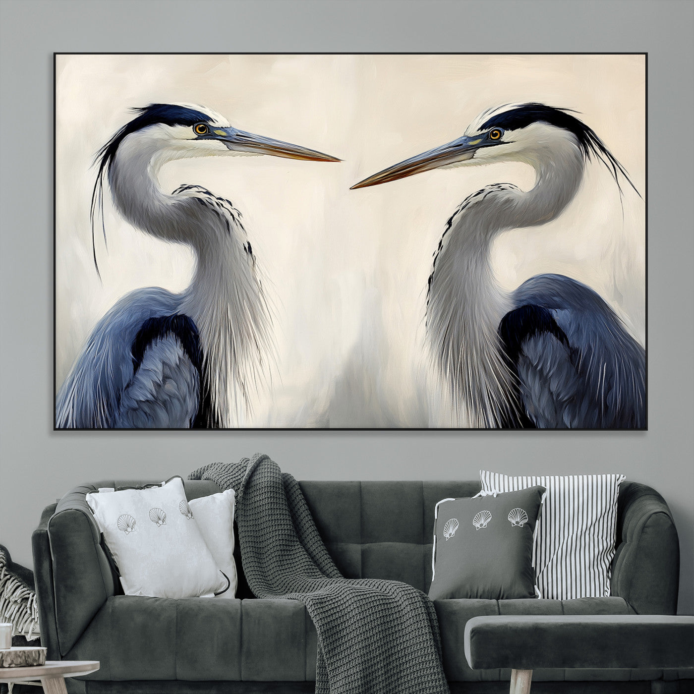 SEG-FC-51X34_Oversize - Blue Heron Pair Wall Art Canvas Print, Framed Coastal Bird Theme Art Picture Print, Tranquil Wildlife Scene Perfect Coastal Minimalist Decor Artwork