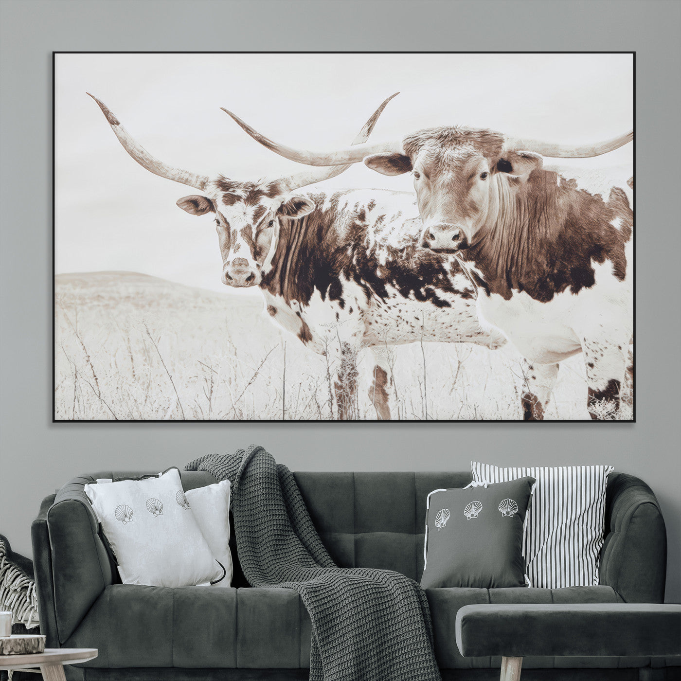 SEG-FC-51X34_Oversize - Longhorn Wall Art Wall Art Canvas Print, Framed Western Cow Canvas Art Picture Print, Rustic Farm Decor Perfect Rustic Farmhouse Decor Artwork