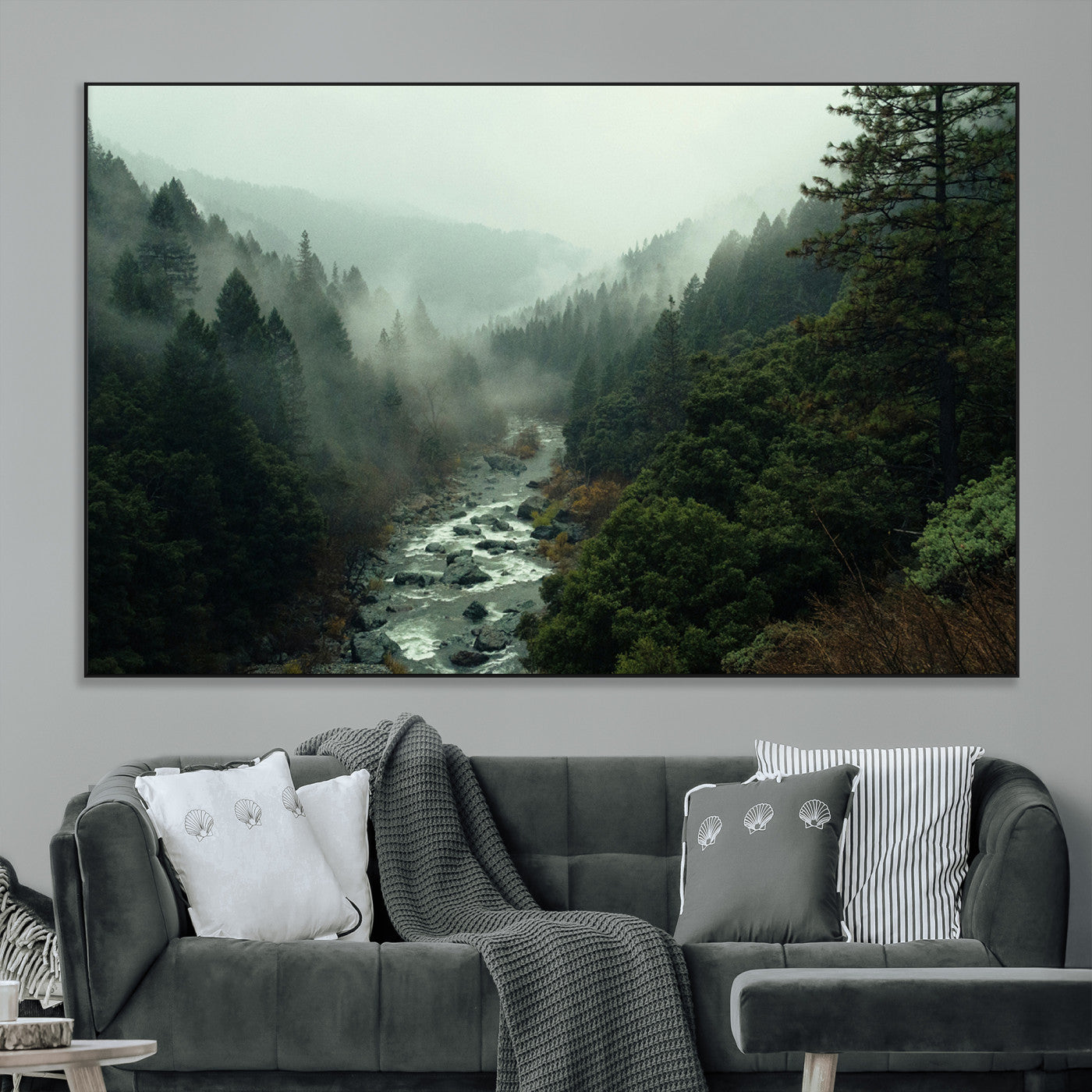 SEG-FC-51X34_Oversize - Misty Forest Wall Art Canvas Print, Framed Foggy River Art Picture Print, Moody Landscape Perfect Wilderness Decor Artwork