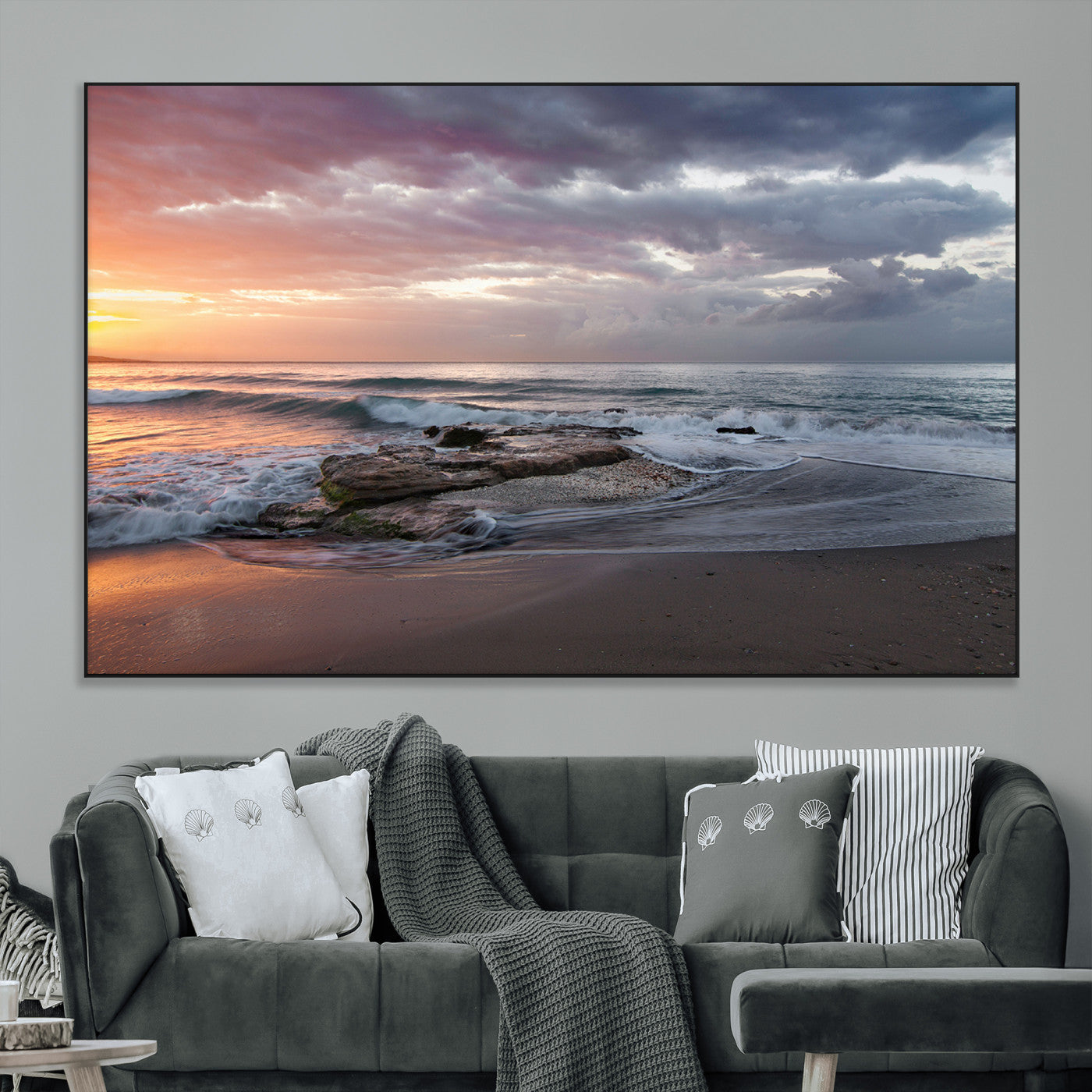 SEG-FC-51X34_Oversize - Golden Hour Wall Art Canvas Print, Framed Tranquil Waves Art Picture Print, Beach Perfect Coastal Serenity Decor Artwork