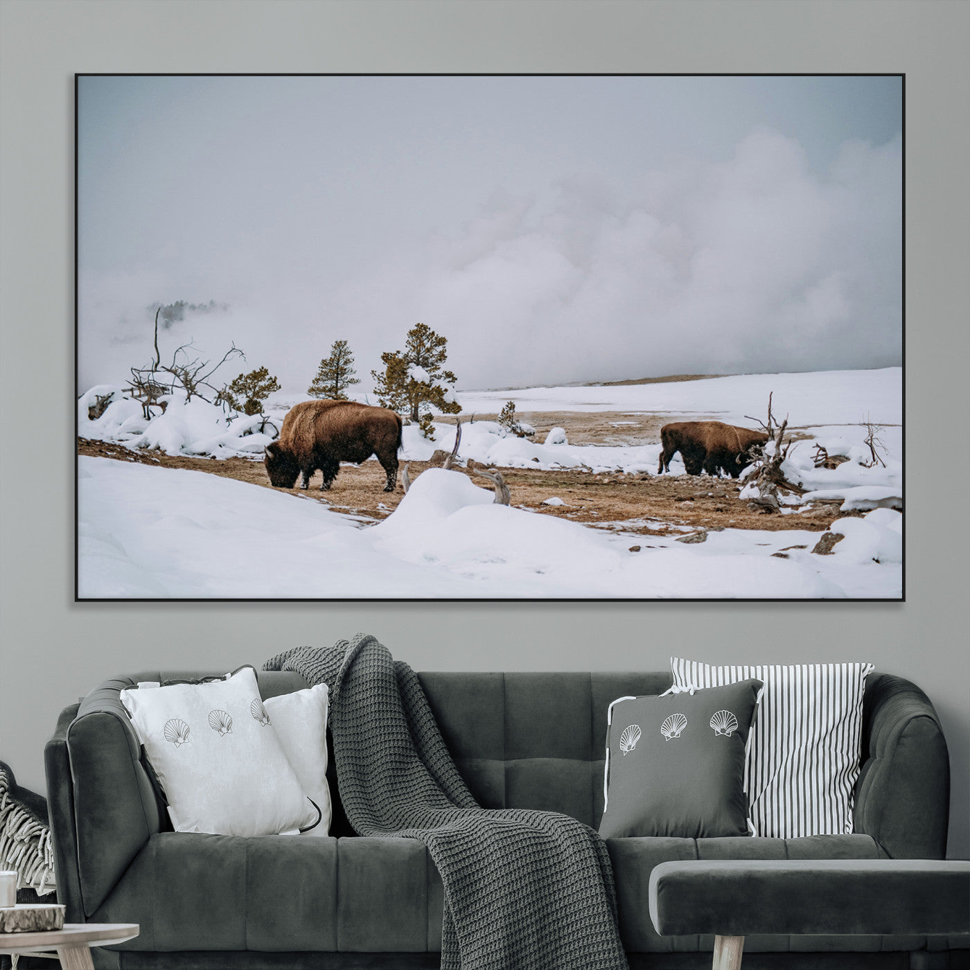 SEG-FC-51X34_Oversize - Bison Wildlife Wall Art Canvas Print, Framed Snowy Prairie Art Picture Print, Western Perfect Rustic Decor Artwork