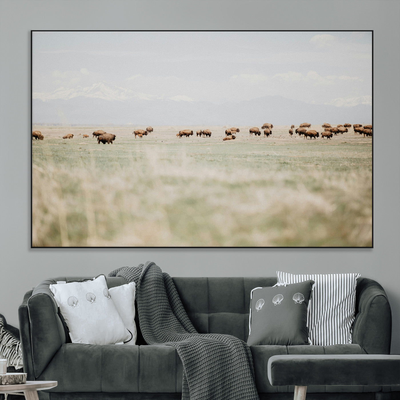 SEG-FC-51X34_Oversize - Bison Herd Wall Art Canvas Print, Framed Western Art Picture Print, Bison Perfect Ranch Decor Artwork