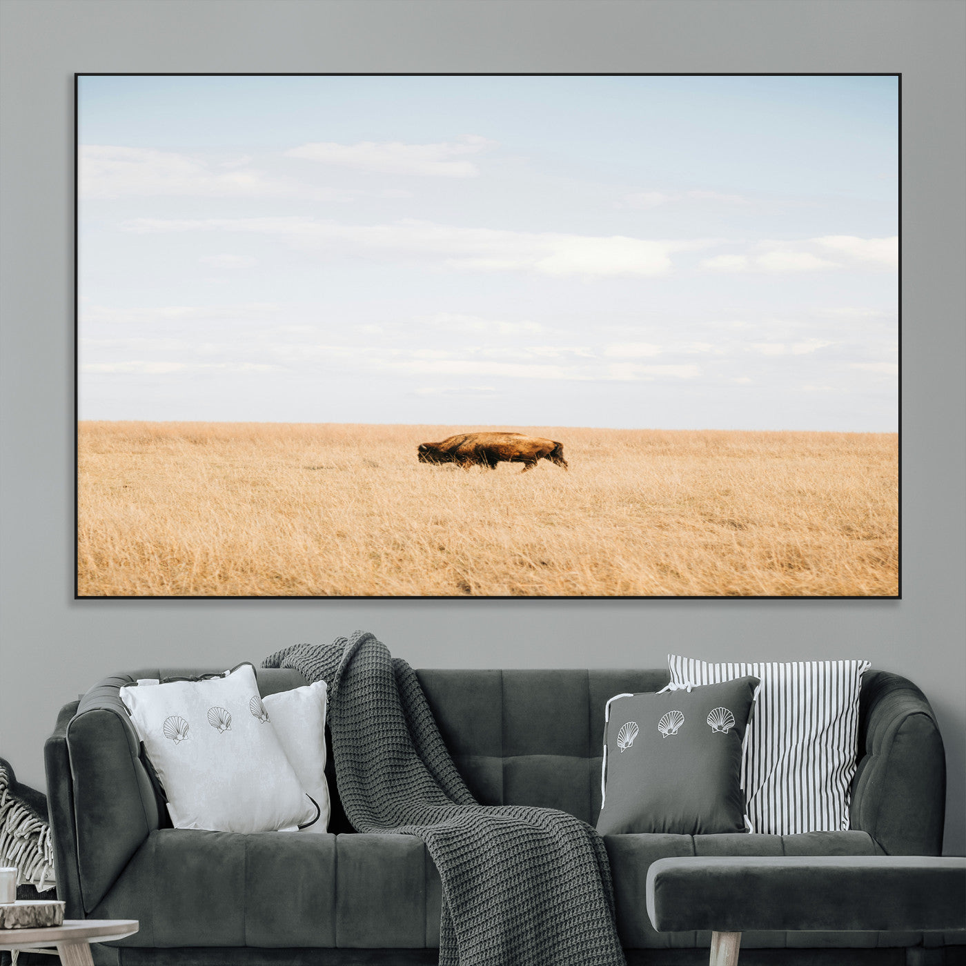 SEG-FC-51X34_Oversize - Minimalist Nature Wall Art Canvas Print, Framed Bison In Grassland Art Picture Print, Open Field Perfect Modern Ranch Decor Decor Artwork