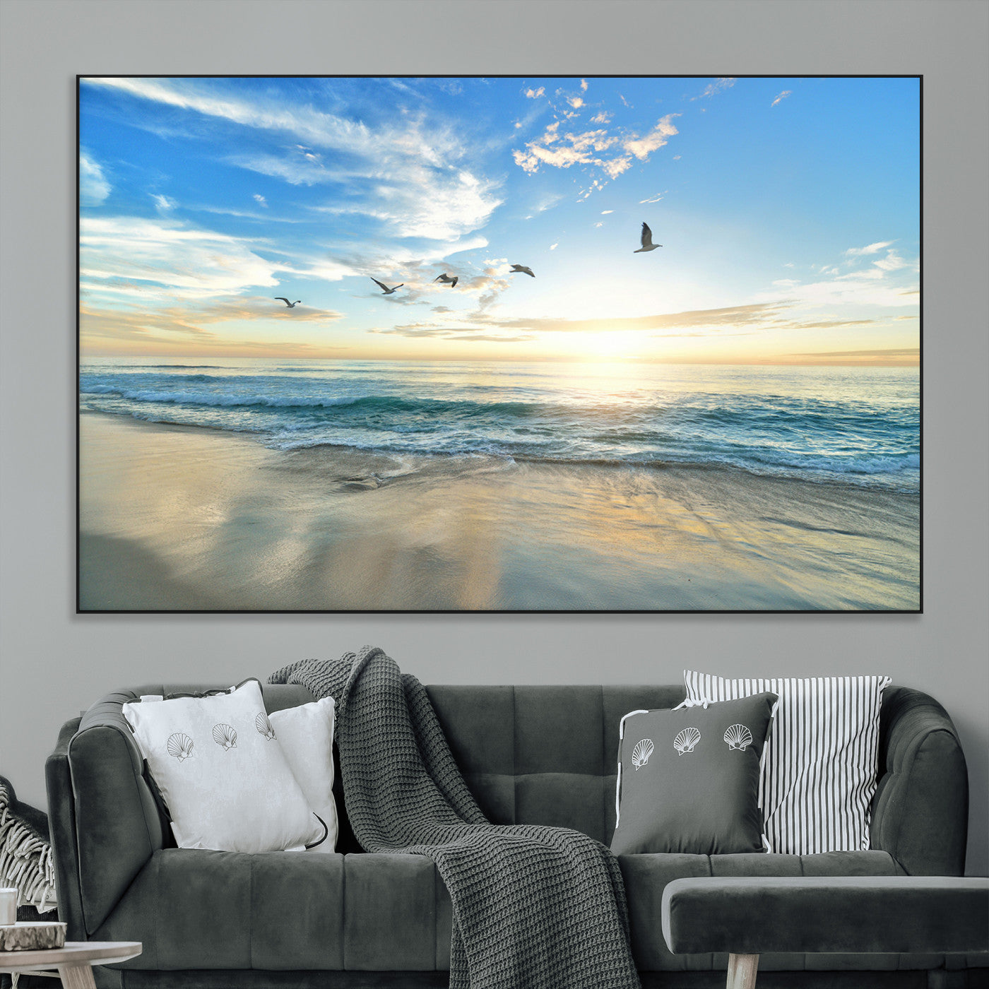 SEG-FC-51X34_Oversize - Minimalist Seaside Wall Art Canvas Print, Framed Morning Glow Art Picture Print, Golden Reflections Perfect Coastal Minimalist Decor Artwork