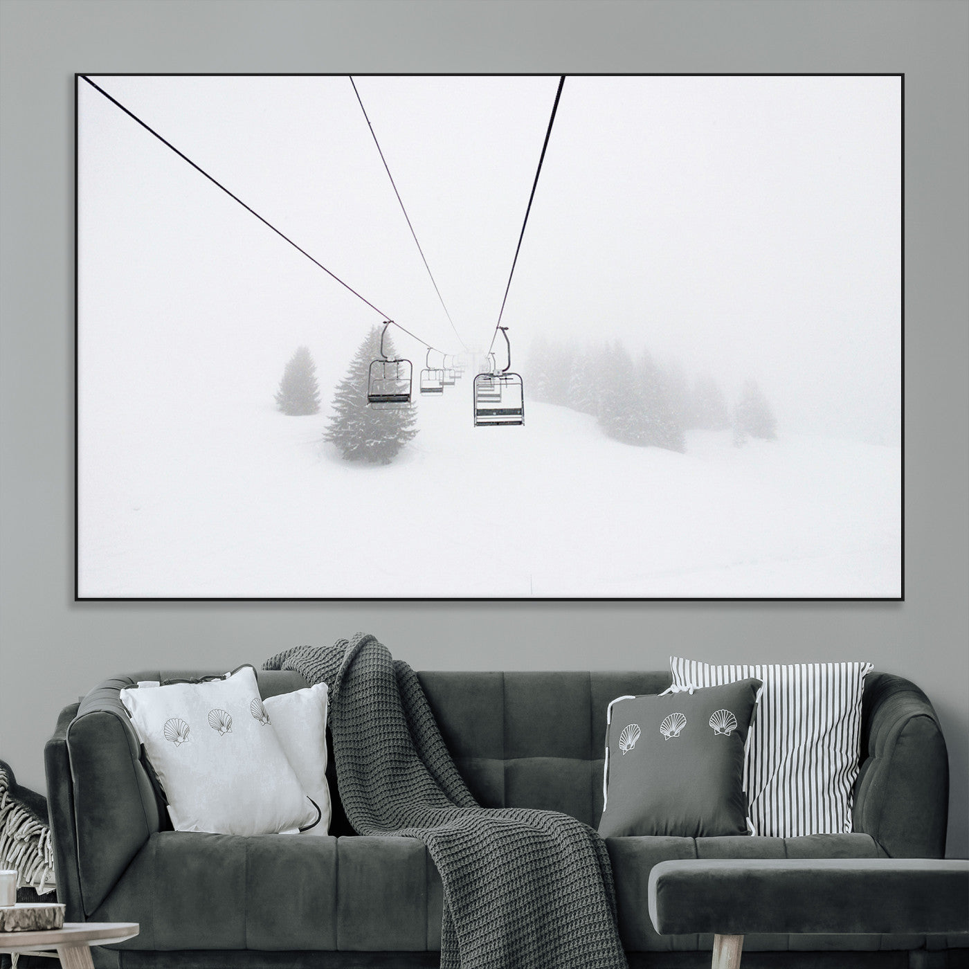 SEG-FC-51X34_Oversize - Ski Lift Wall Art Canvas Print, Framed Snowy Landscape Art Picture Print, Alpine Adventure Perfect Nordic Minimalist Decor Artwork