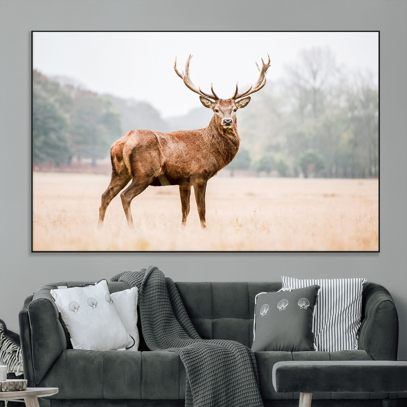 SEG-FC-51X34_Oversize - Vintage Wildlife Art Wall Art Canvas Print, Framed Misty Landscape Art Picture Print, Deer Wall Art Perfect Rustic Wildlife Decor Artwork