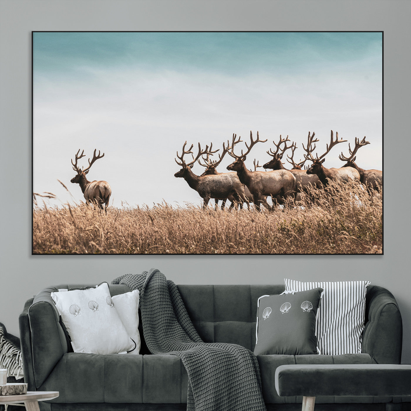 SEG-FC-51X34_Oversize - Elk Herd Wall Art Canvas Print, Framed Wildlife Photography Art Picture Print, Rustic Nature Print Perfect Rustic Wildlife Decor Artwork