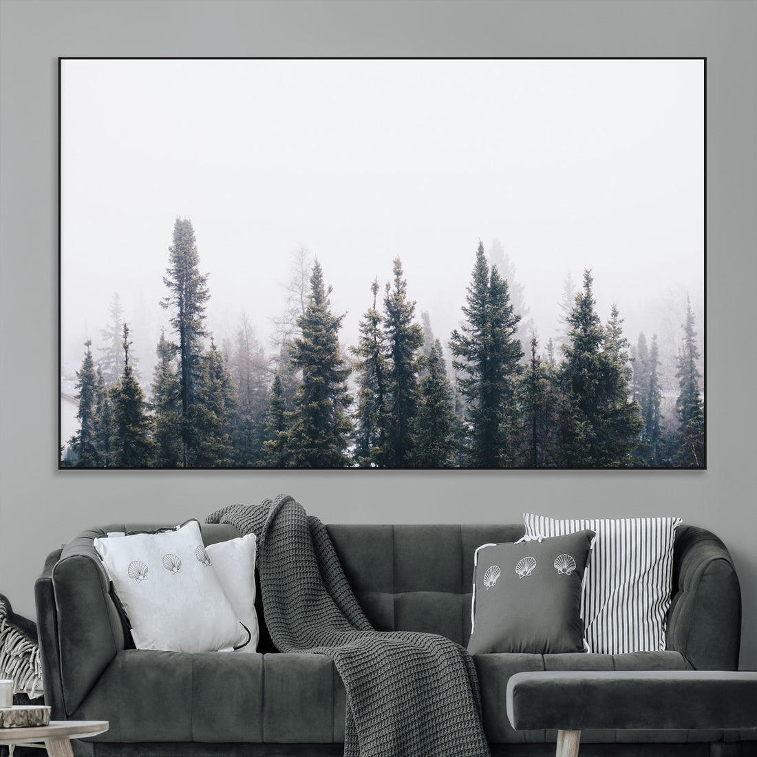 Foggy Forest Wall Art Canvas Print, Framed Misty Pines Art, Moody Woodland Scandinavian Minimalist Decor
