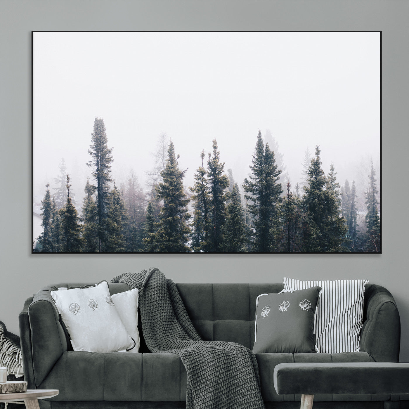 SEG-FC-51X34_Oversize - Foggy Forest Wall Art Canvas Print, Framed Misty Pines Art Picture Print, Moody Woodland Perfect Scandinavian Minimalist Decor Artwork