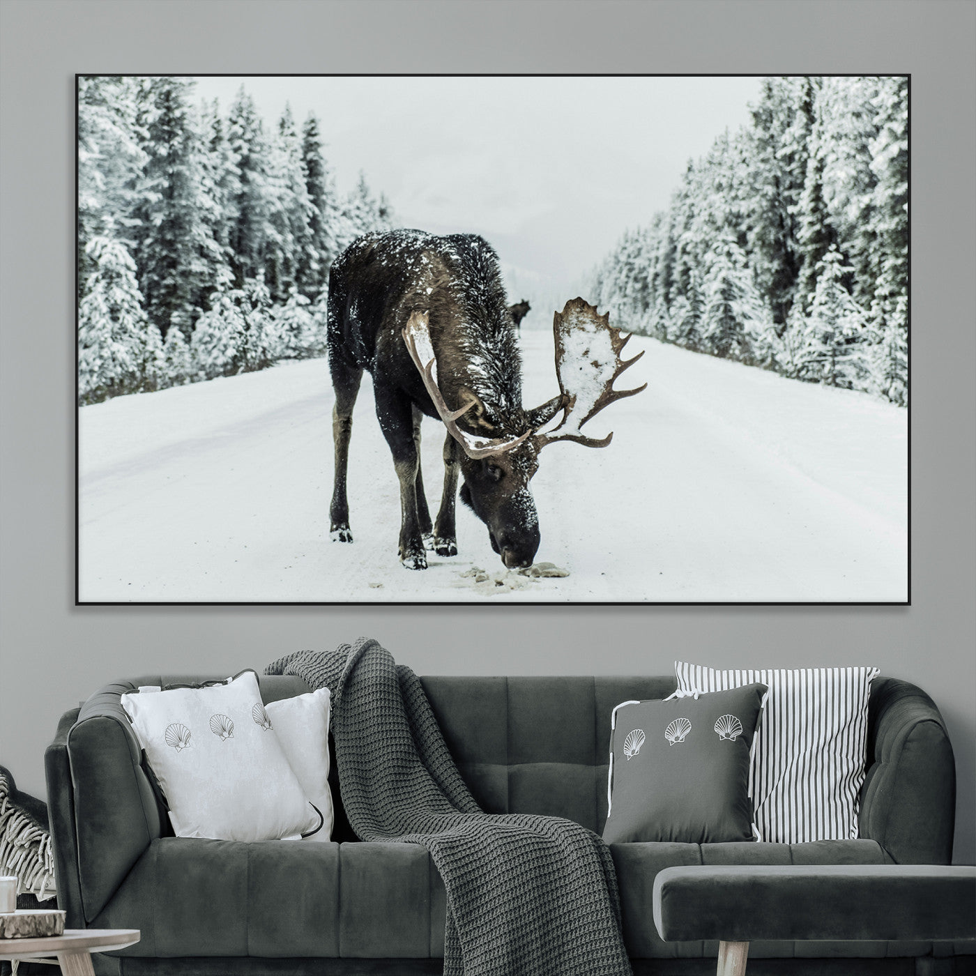 SEG-FC-51X34_Oversize - Moose in Snow Wall Art Canvas Print, Framed Winter Wildlife Art Picture Print, Snowy Forest Scene Perfect Rustic Lodge Decor Artwork