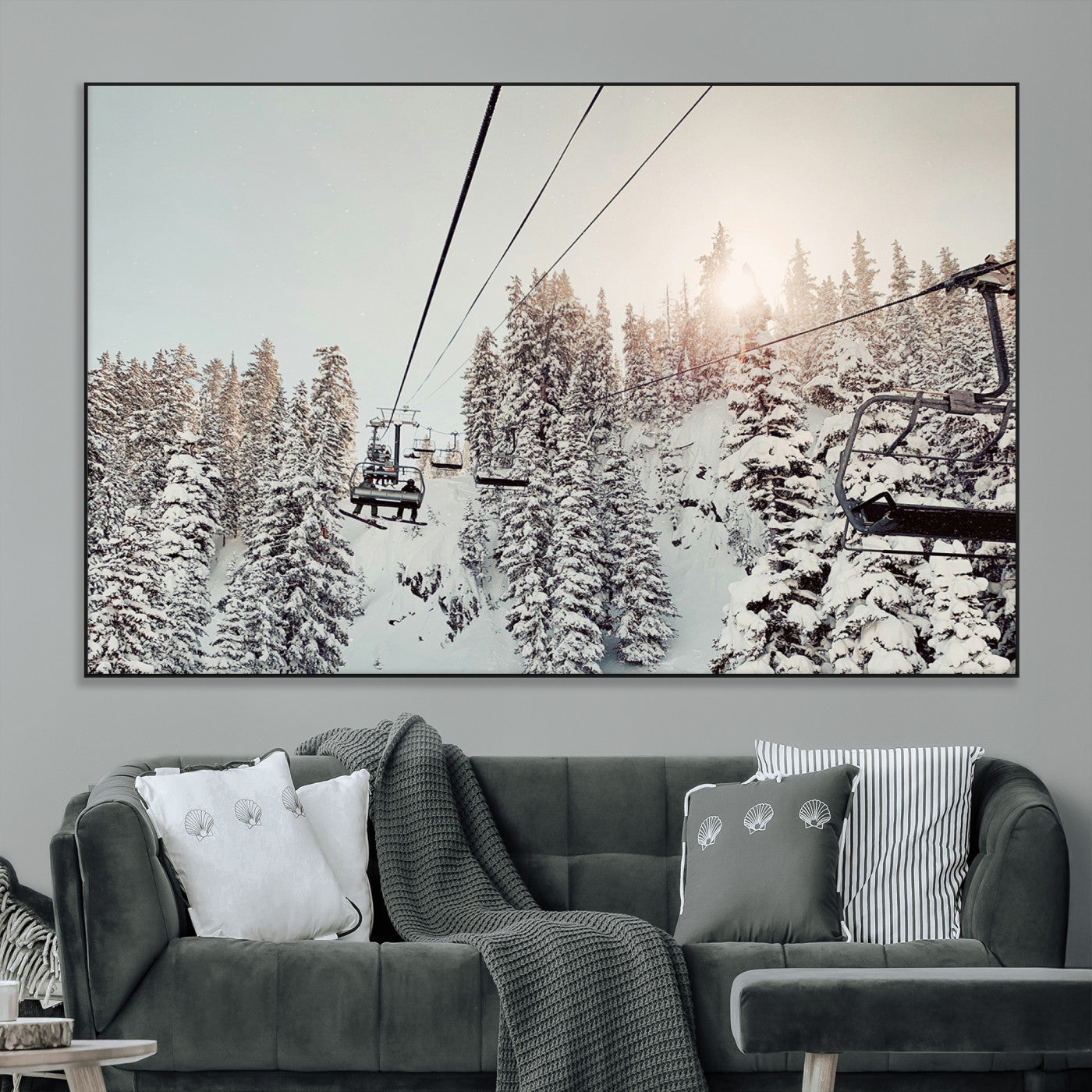 SEG-FC-51X34_Oversize - Frosty Pines Wall Art Canvas Print, Framed Cozy Cabin View Art Picture Print, Ski Lift Ride Perfect Rustic Lodge Decor Artwork