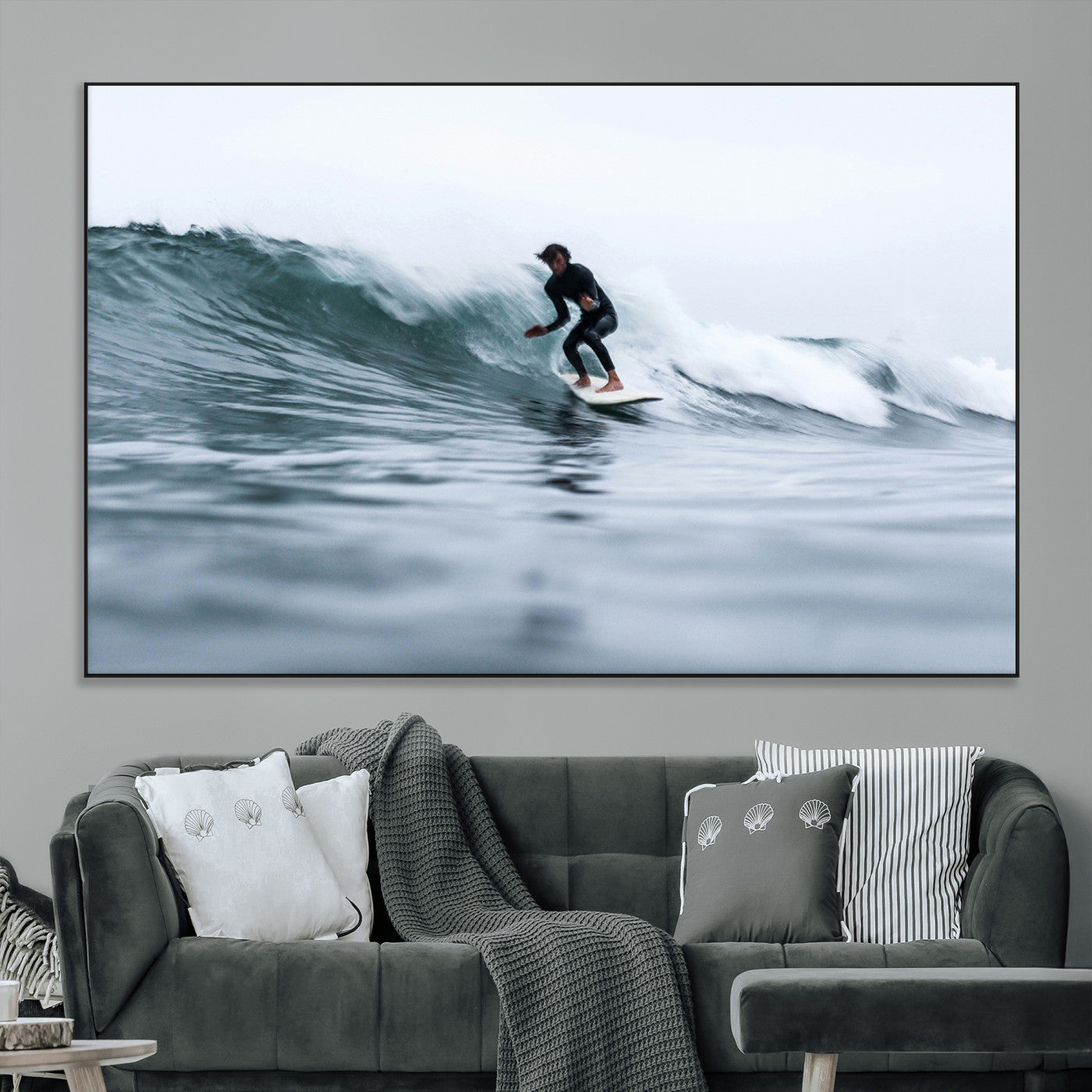 SEG-FC-51X34_Oversize - Surfer on Wave Wall Art Canvas Print, Framed Ocean Adventure Art Picture Print, Motion Blur Water Perfect Coastal Adventure Decor Artwork