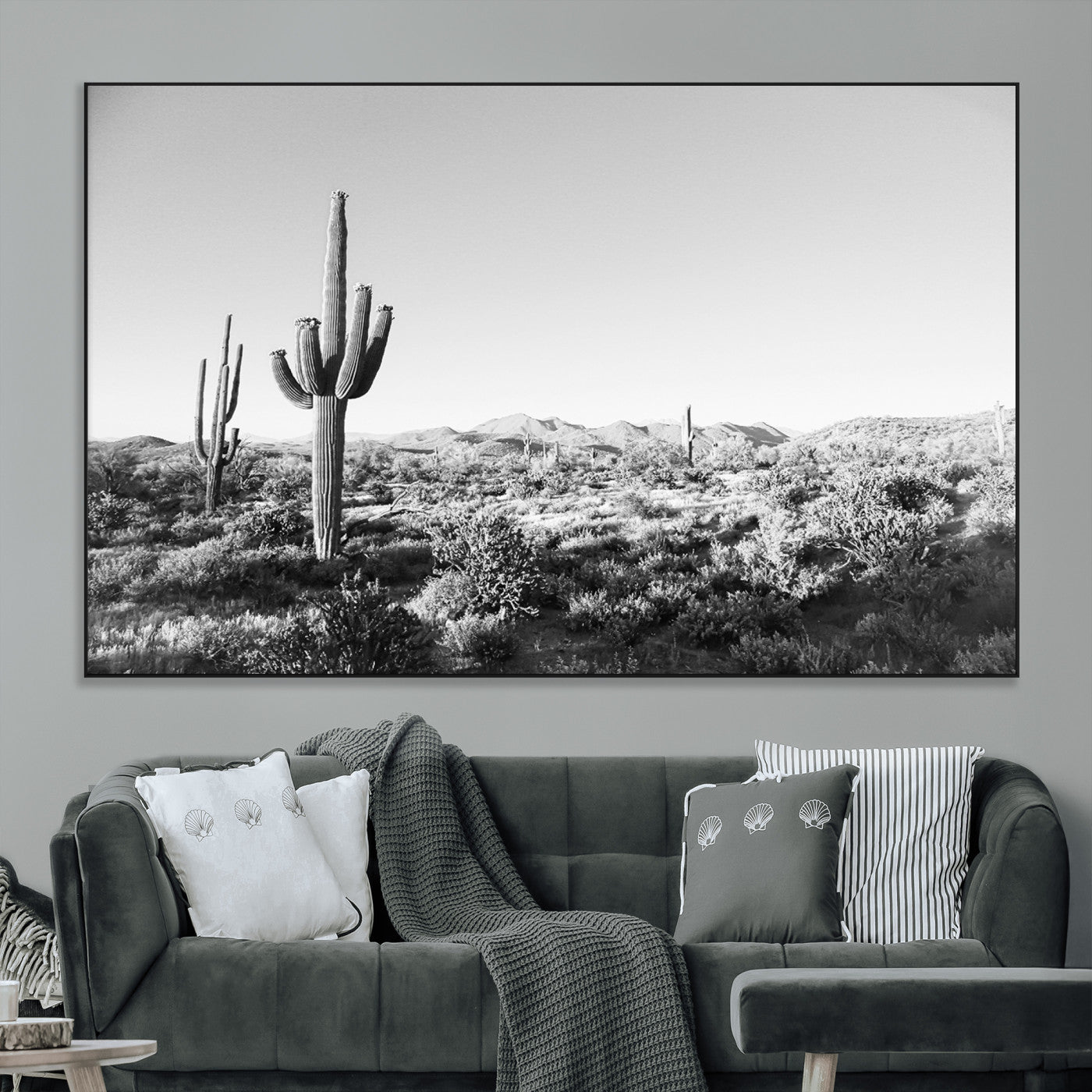SEG-FC-51X34_Oversize - Saguaro Cactus Wall Art Canvas Print, Framed Monochrome Landscape Art Picture Print, Scenic Arizona View Perfect Minimalist Western Decor Artwork