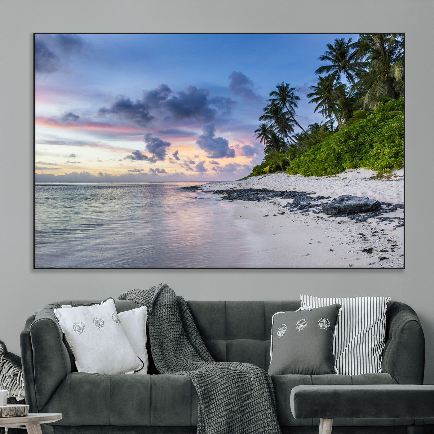 SEG-FC-51X34_Oversize - Tropical Beach Wall Art Canvas Print, Framed Sunset Glow Art Picture Print, Palm Tree Coast Perfect Tropical Coastal Decor Artwork