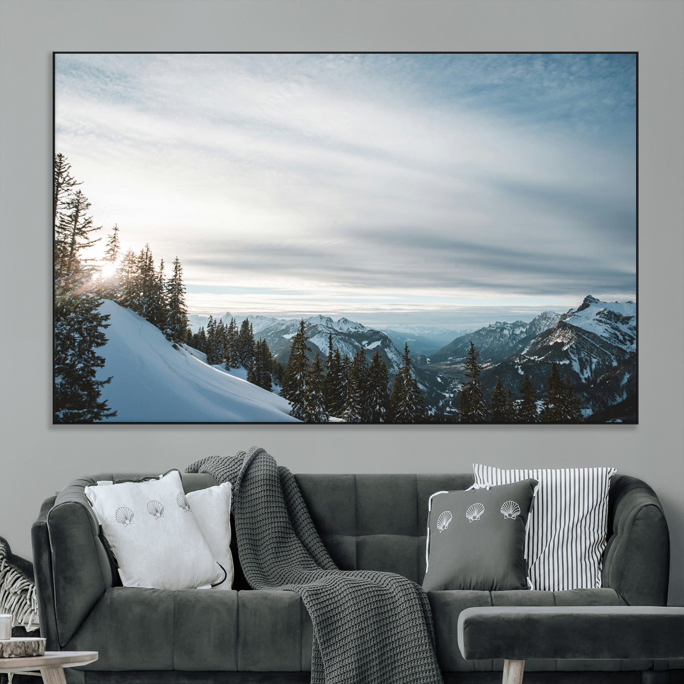 SEG-FC-51X34_Oversize - Snowy Mountains Wall Art Canvas Print, Framed Alpine Landscape Art Picture Print, Frosty Peaks Perfect Nordic Minimalist Decor Artwork